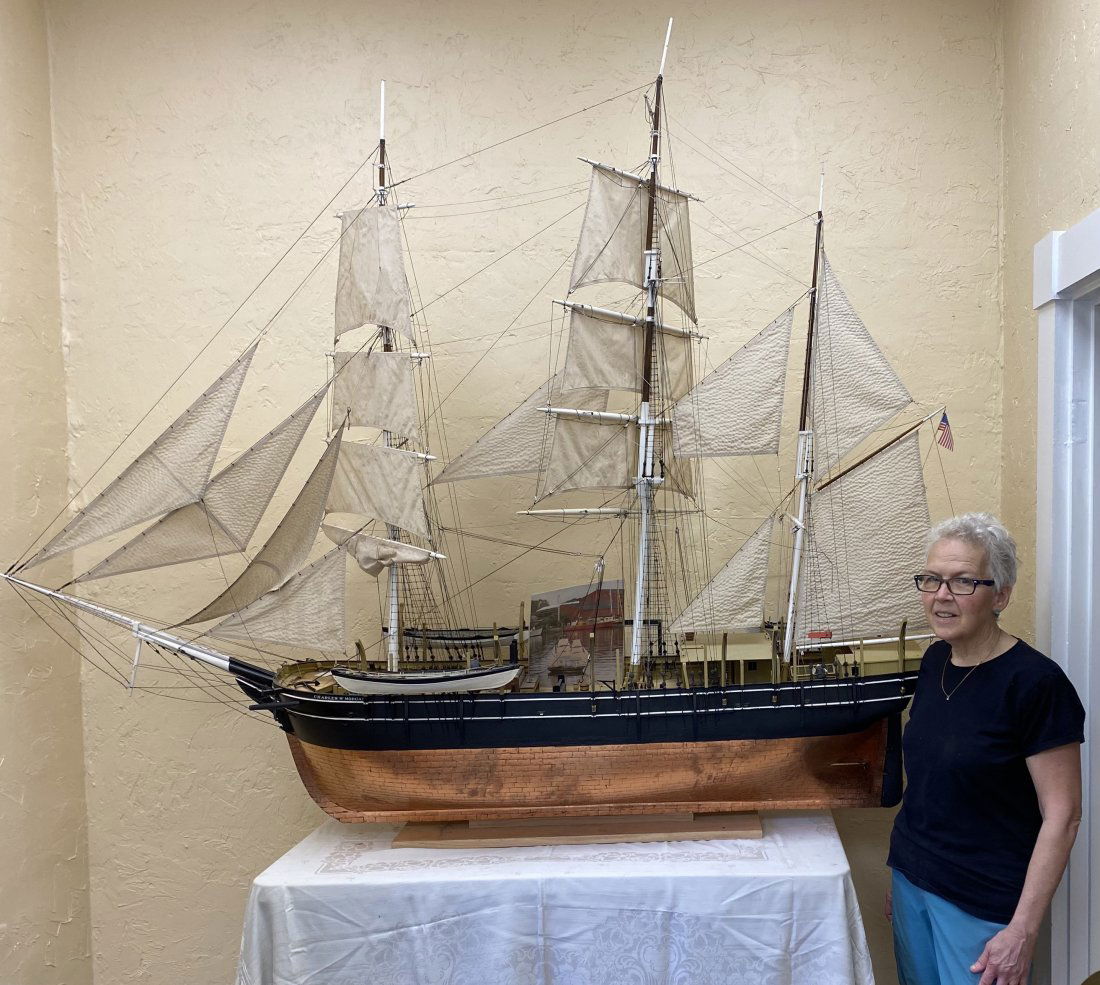 HANDMADE WOODEN SAILING SHIP MODEL OF THE CHARLES: W MORGAN, PLANK ON FRAME CONSTRUCTION, COPPER BOTTOM, FULLY RIGGED AND HAS ELECTRIC MOTOR PROPULSION. CAN BE USED IN THE WATER. 70" HIGH, 7' LONG, 27" WIDE. TOP OF THE MAIN MAST HAS BEEN REPAIRED AND