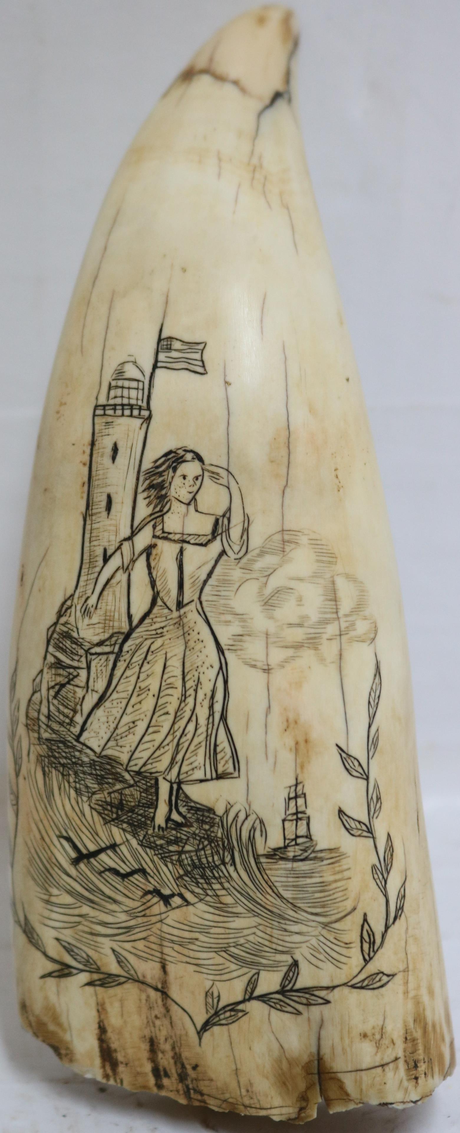 19TH CENTURY SCRIMSHAW WHALE'S TOOTH DEPICTING A: WOMAN IN FRONT OF A LIGHTHOUSE FLYING THE AMERICAN FLAG, WAVING GOODBYE TO A WHALESHIP. VERSO DEPICTS AN ELEGANTLY DRESSED WOMAN SURROUNDED BY A FLORAL VINE. 6 1/2" LONG, CRACKING TO THE TIP OF THE TO
