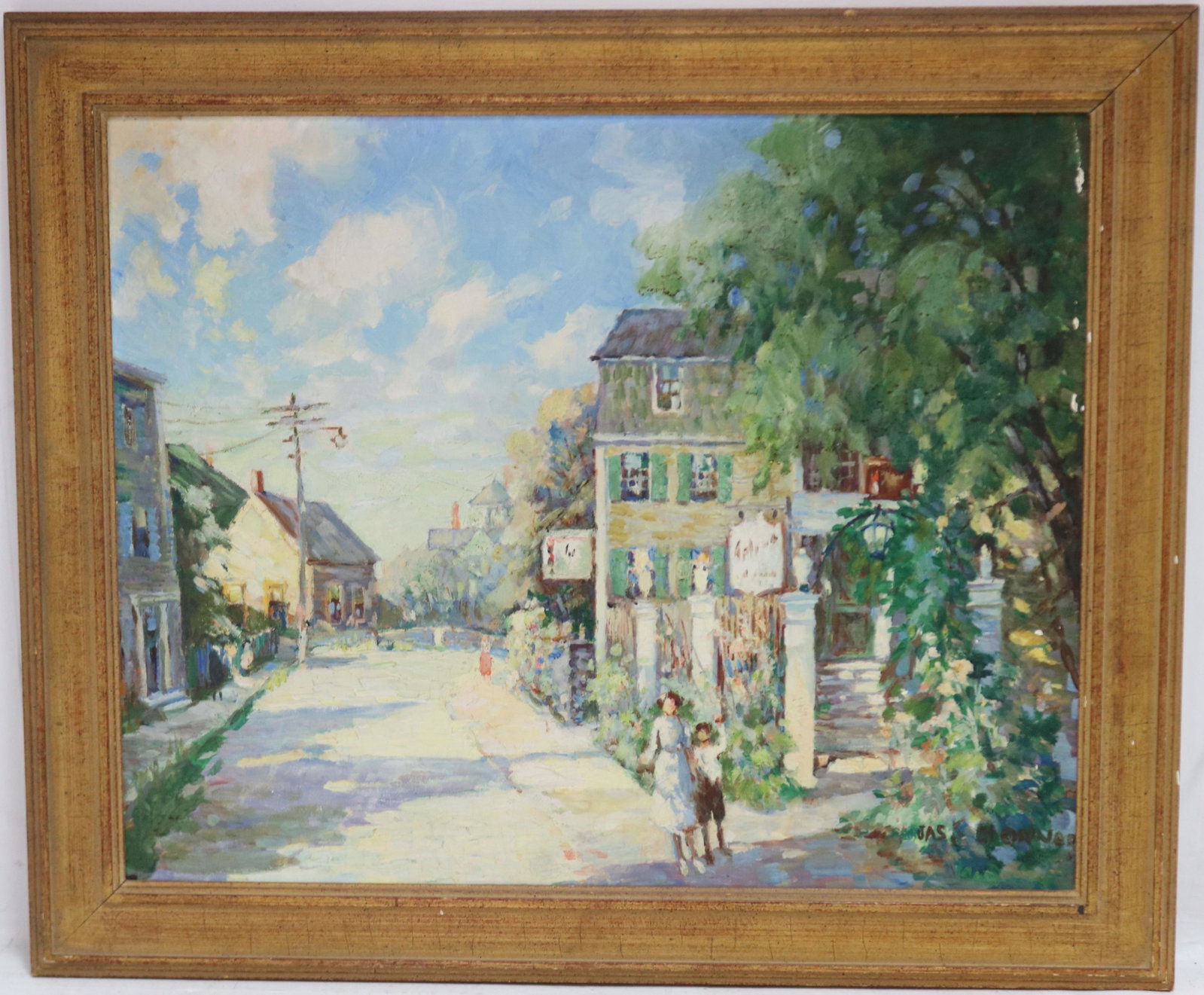 JAMES KING BONNAR (1883-1961, MA) OIL PAINTING ON: BOARD DEPICTING A NEW ENGLAND STREET SCENE, POSSIBLY PROVINCETOWN. SIGNED LOWER RIGHT. SIGHT SIZE 16" X 19 1/2" , OVERALL WITH FRAME 19 1/2" X 23 1/4". SHOWS MINOR PAINT LOSS TO RIGHT EDGE.