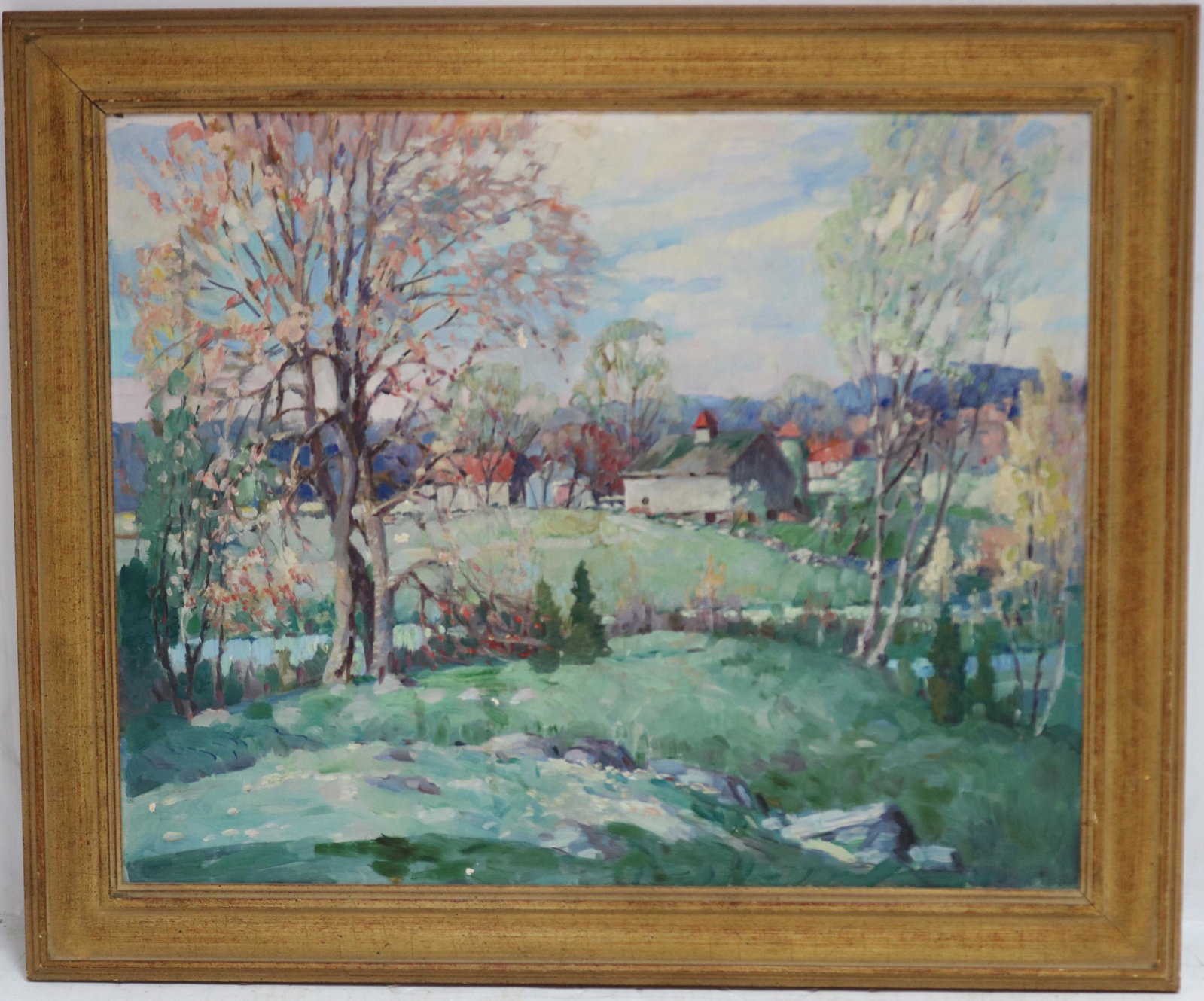ATTRIB. TO JAMES KING BONNAR (1883-1961, MA) FROM: THE SAME ESTATE, OIL PAINTING ON BOARD DEPICTING A MOUNTAIN FARM IN AUTUMN. UNSIGNED. SIGHT SIZE 15 3/4" X 19 1/2" , OVERALL WITH FRAME 19 1/2" X 23 1/2" . SHOWS SEVERAL AREAS OF FLAKING PAINT.