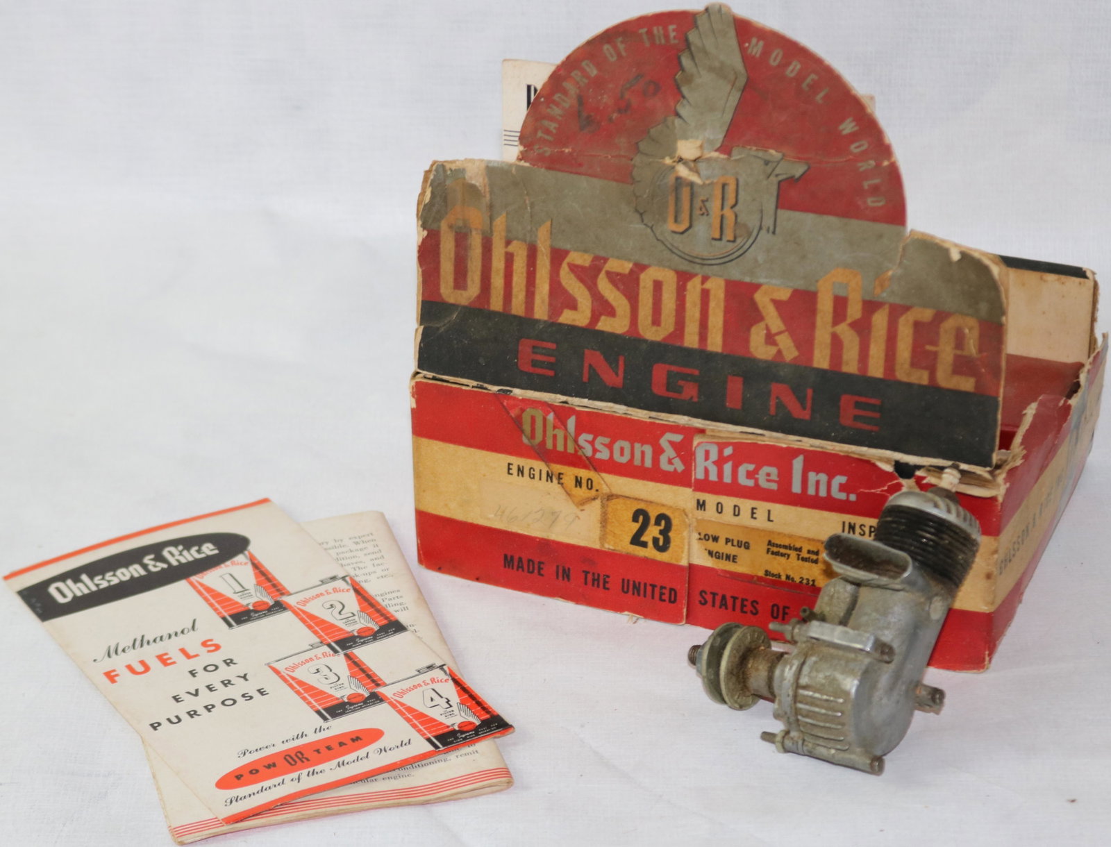 OHLSSON & RICE ENGINE WITH ORIGINAL BOX AND: PAMPHLETS. ROTARY VALVE ENGINE IN UNKNOWN WORKING CONDITION. ENGINE IS 3 1/2" X 3". MODEL NO. 461279.