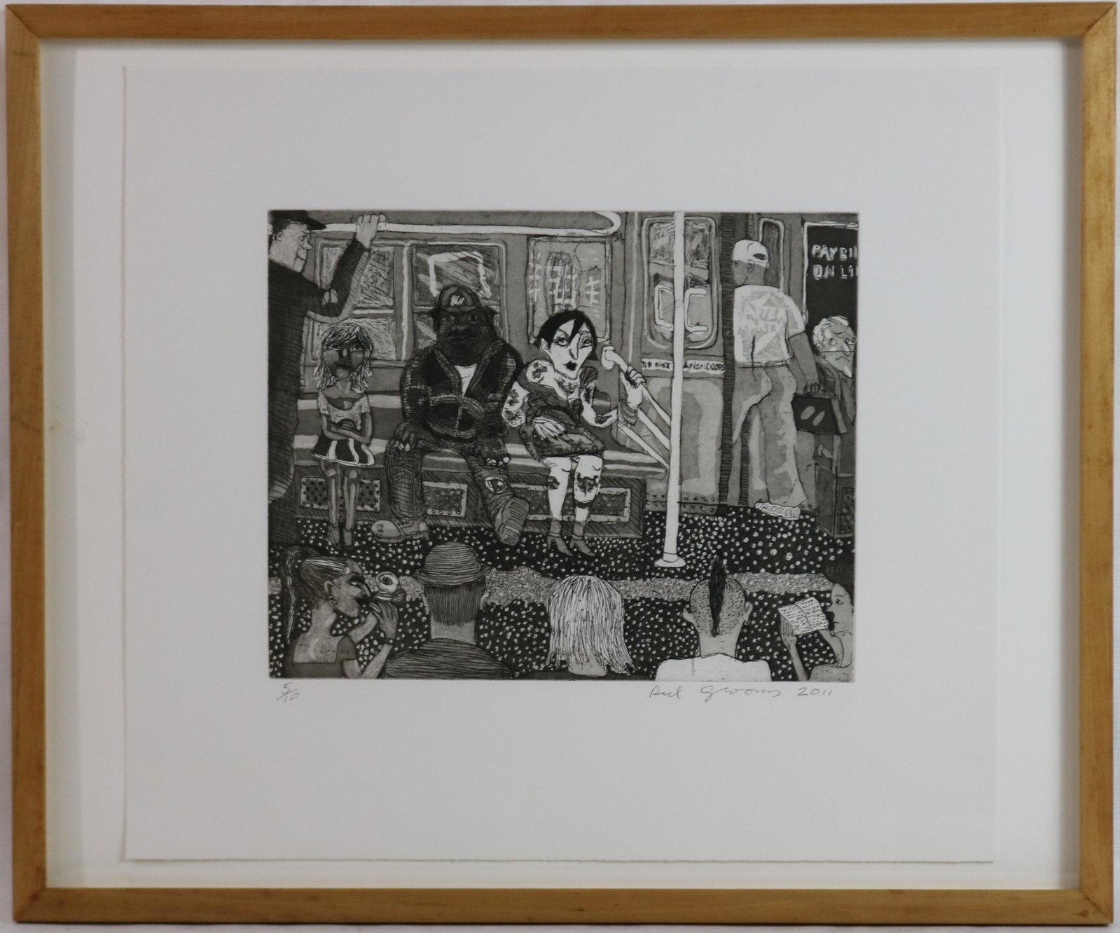 RED GROOMS (BORN 1937, NY, TN), ETCHING AND: AQUATINT, TITLED SUBWAY, 2011, SIGNED AND DATED LOWER RIGHT #5/10. IMAGE SIZE 10 1/4" X 12 3/4" , MARGIN SIZE 17 1/4" X 19", OVERALL 20" X 24" IN MODERN FRAME.