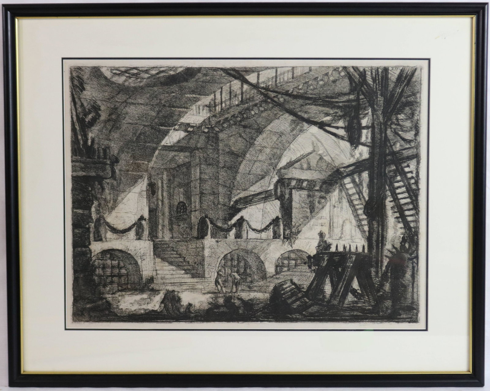 GIOVANNI BATTISTA PIRANESI (1720-1778, ITALY),: ETCHING, SIGNED LOWER LEFT IN THE PLATE, INTERIOR CATHEDRAL OR TEMPLE, IN MODERN FRAME WITH DOUBLE MATTING. 16 3/4" X 22 3/4" SIGHT SIZE, 24" X 30" OVERALL.