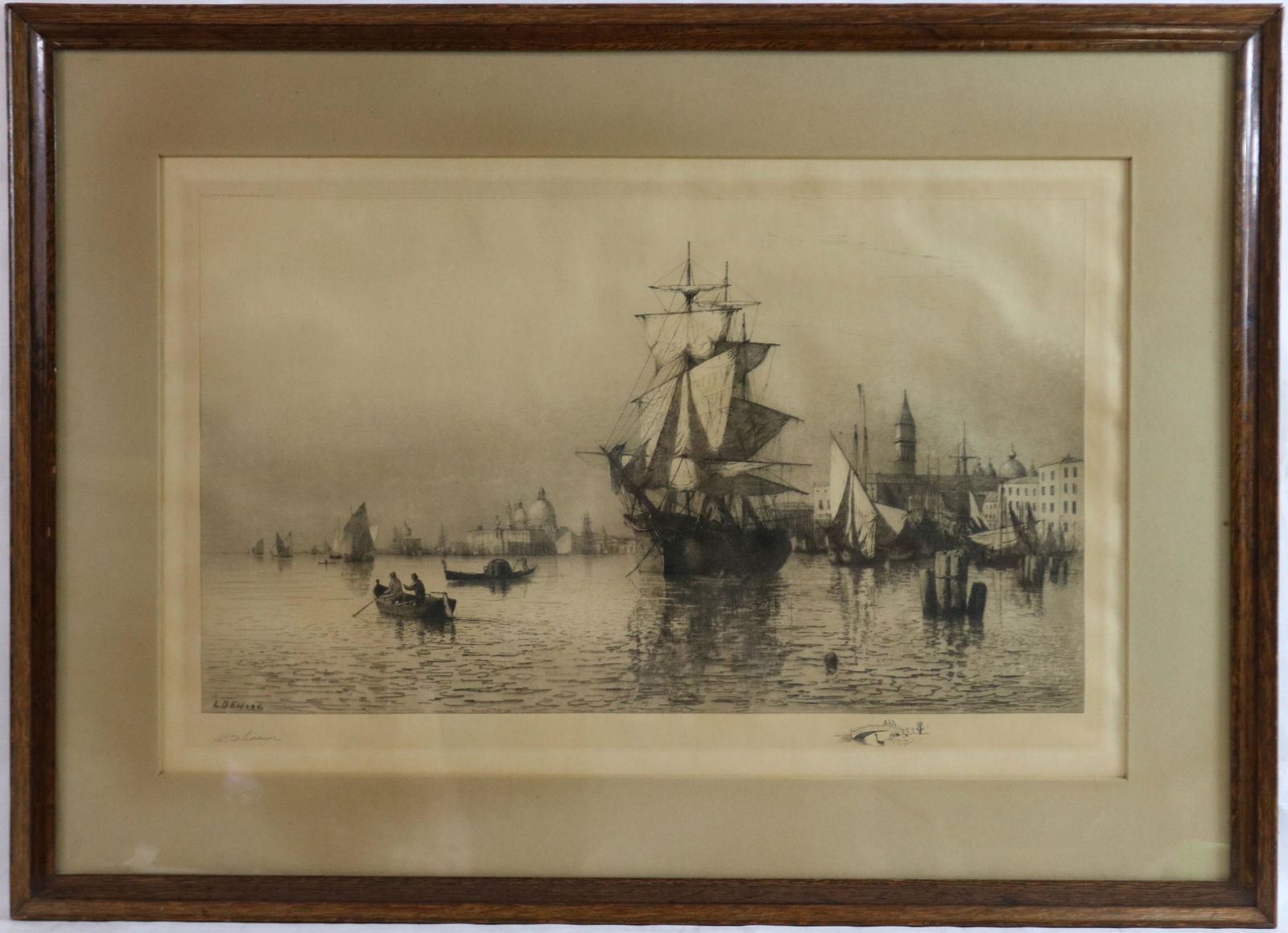LEMUEL D ELDRED (1848-1921, FAIRHAVEN) FRAMED: ETCHING, DEPICTING VENICE HARBOR. SIGNED LOWER LEFT IN MARGIN IN PENCIL, AND AGAIN IN THE PLATE. SIGHT SIZE 17 1/4" X 27 3/4" , OVERALL 25 1/2" X 35". IN A PERIOD OAK FRAME.