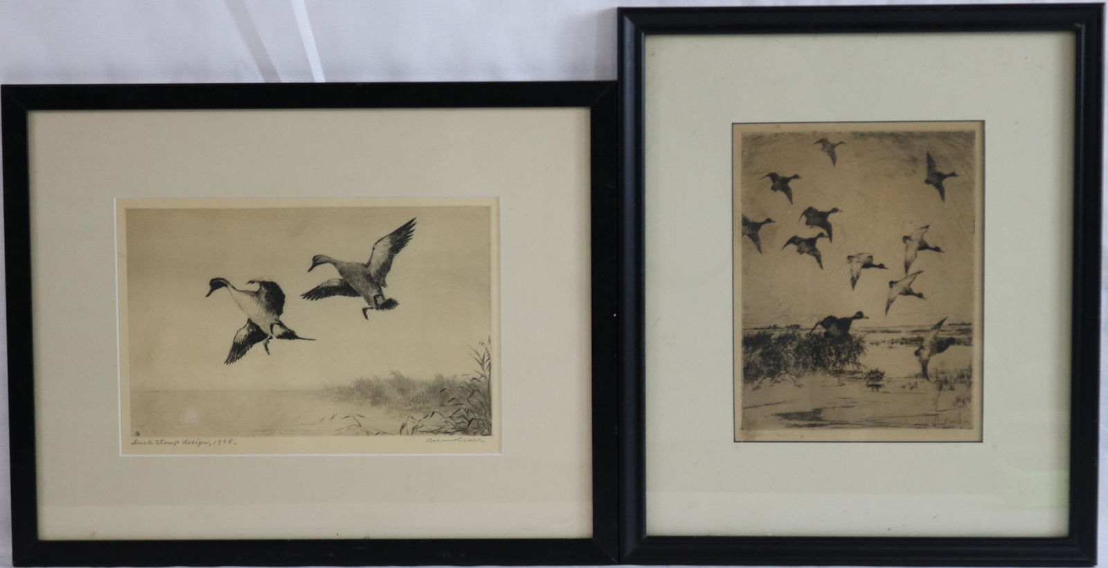 TWO SPORTING ETCHINGS, ONE DEPICTS CANADA GEESE,: BY NEW ENGLAND ARTIST FRANK W. BENSON, PENCIL SIGNED LOWER LEFT AND IN PLATE, SIGHT SIZE 9 1/2" X 7 1/2" , OVERALL WITH MODERN FRAME 16 1/2" X 14 1/4". ALONG WITH A FRAMED ETCHING OF CANADA GEESE BY R