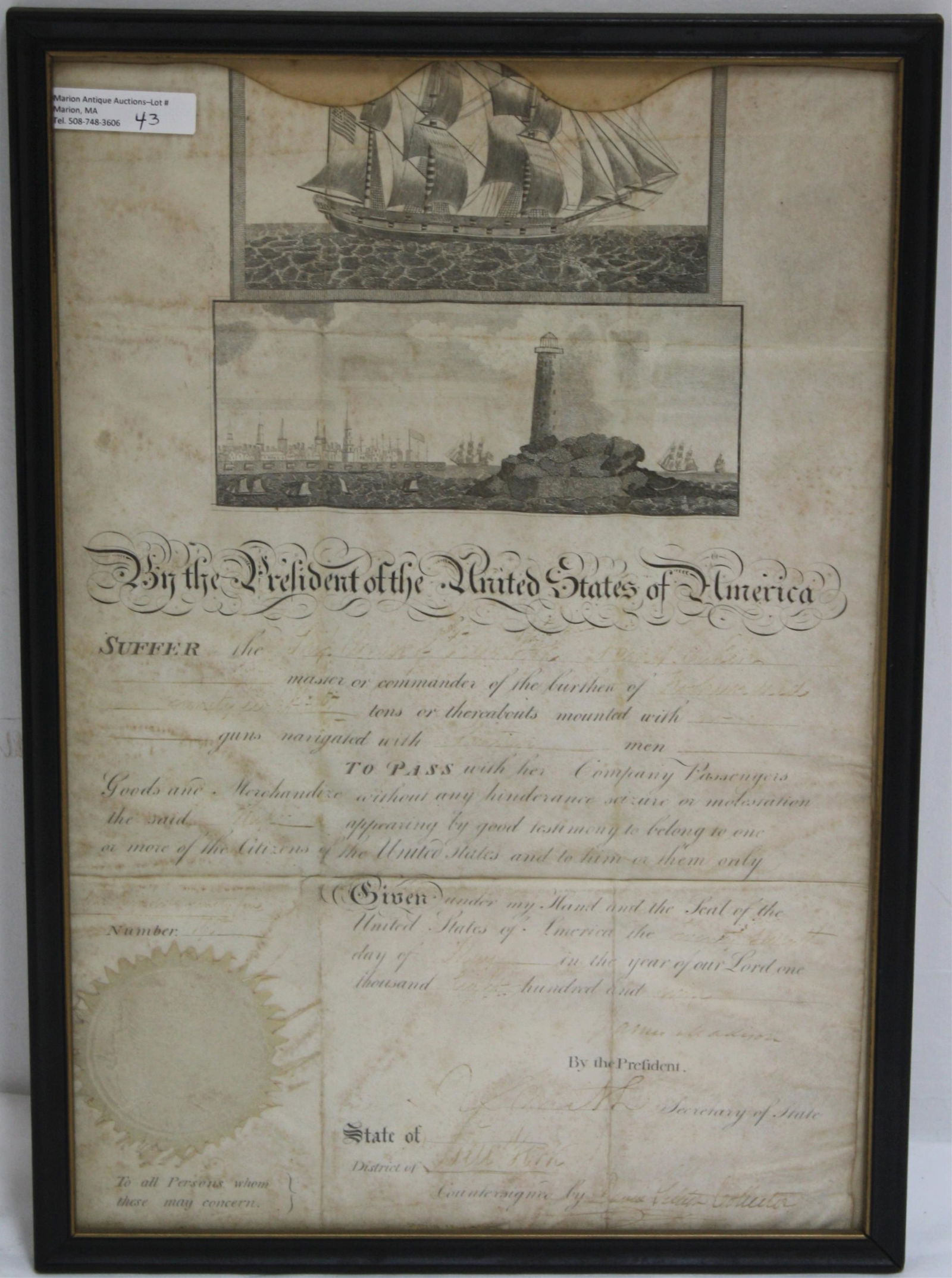 SHIP'S PASSPORT, SIGNED BY PRESIDENT JAMES: MADISON, POSSIBLY FOR THE SHIP OCEAN OF NEW YORK, AND DATED 1809. PRESIDENTIAL SEAL, ALSO SIGNED BY THE SECRETARY OF STATE, ROBERT SMITH. SHOWS SOME FOXING, WRITING IS FADED. THE PRESIDENTIAL SIGNATUR