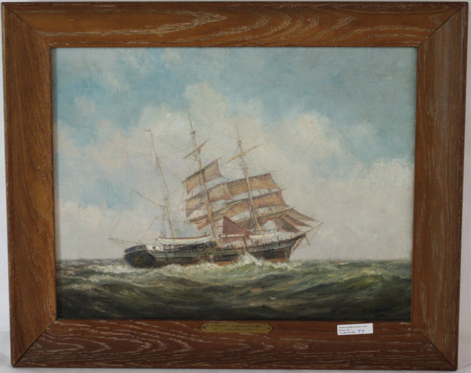 FREDERICK LEO HUNTER (1858-1943, OSSINING, NY): OIL ON CANVAS, DEPICTING THE WHALESHIP ANDREW HICKS. SIGNED LOWER RIGHT AND DATED 1924. ALSO HAS ORIGINAL BRASS PLAQUE WITH TITLE AND ARTIST. THE ANDREW HICKS, A BARQUE, WAS ORIGINALLY A WESTPORT WHAL