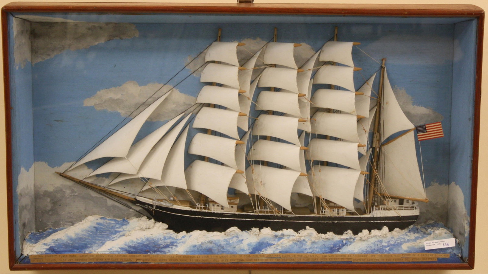 EARLY 20TH CENTURY SHIP'S DIORAMA OF THE ARTHUR: SEWELL, LAUNCHED 1899, LEFT PHILADELPHIA FOR SEATTLE IN 1908 WITH 49,000 TONS OF COAL FOR THE AMERICAN FLEET IN THE PACIFIC. SHE WAS POSTED MISSING, BUT THE WRECK WAS FOUND BY A SAILING SCHOONER OFF N