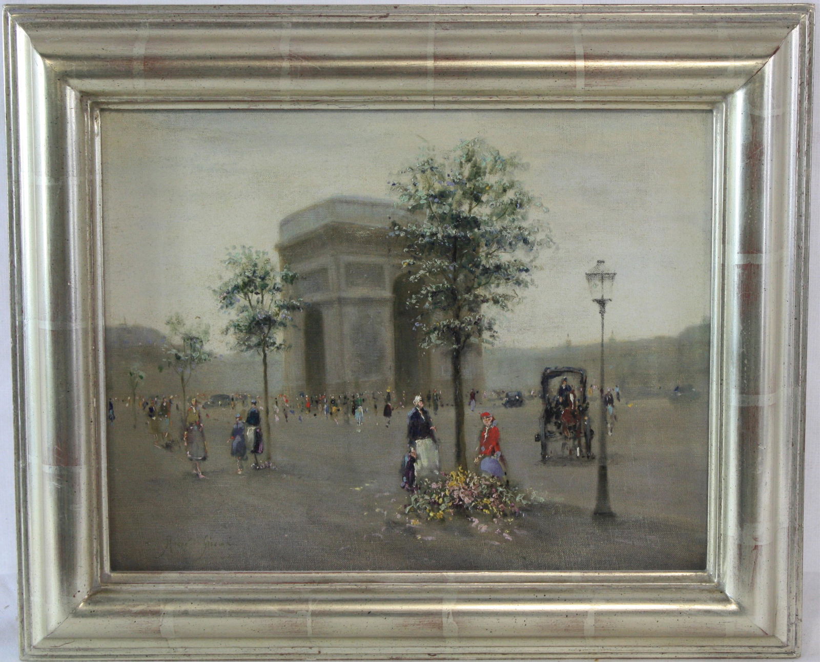 ANDRE GISSON (1921-2003, NY, CT, FRANCE) OIL ON: CANVAS, DEPICTING A PARISIAN STREET SCENE AT THE ARC D' TRIOMPHE. SIGHT SIZE 10 1/2" X 13 1/2", OVERALL 15" X 18". SIGNED LOWER LEFT. WE JUST NOTICED THAT THERE IS A SMALL REPAIR ABOUT 1/8" WHERE THER