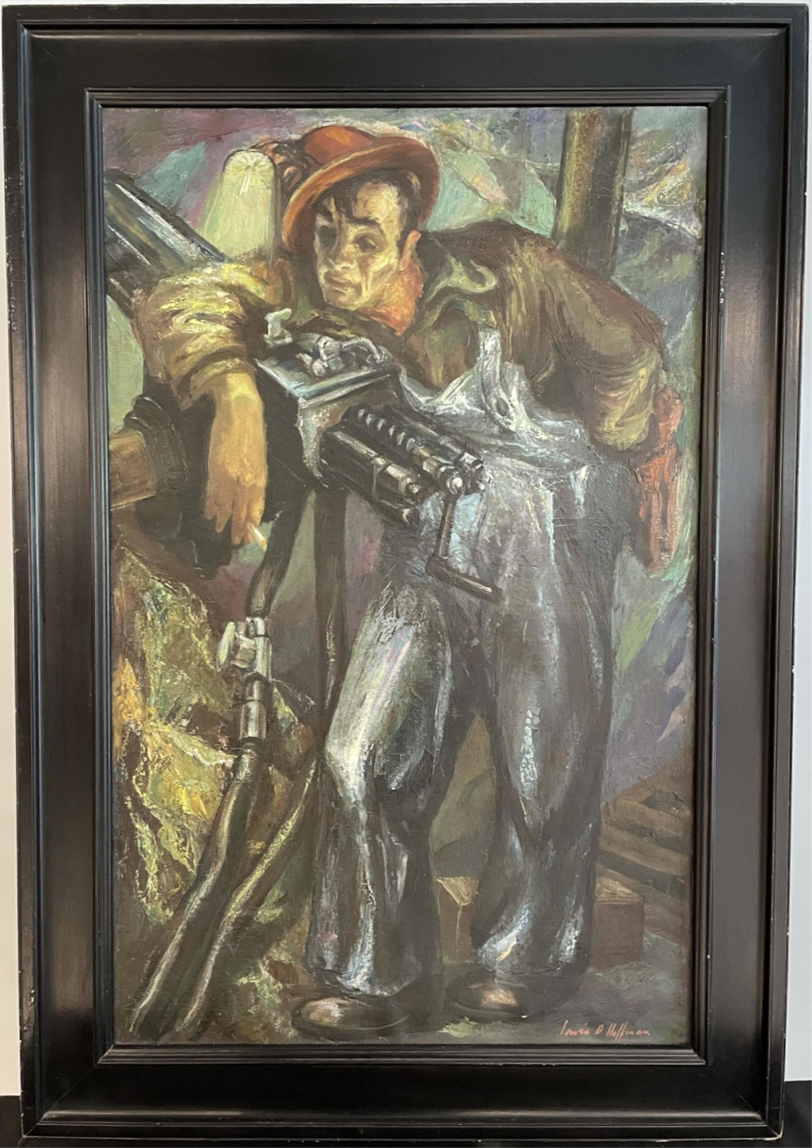 IRWIN D. HOFFMAN (1901-1989, BOSTON) OIL ON: CANVAS TITLED "THE COAL MINER IN ARIZONA". SIGNED LOWER RIGHT, WPA ARTIST. INTERESTING DEPICTION OF AN EXHAUSTED WORKER HAVING A CIGARETTE BREAK. SIGHT SIZE 37 1/2" X 23 1/2", OVERALL IN BLACK WOODEN