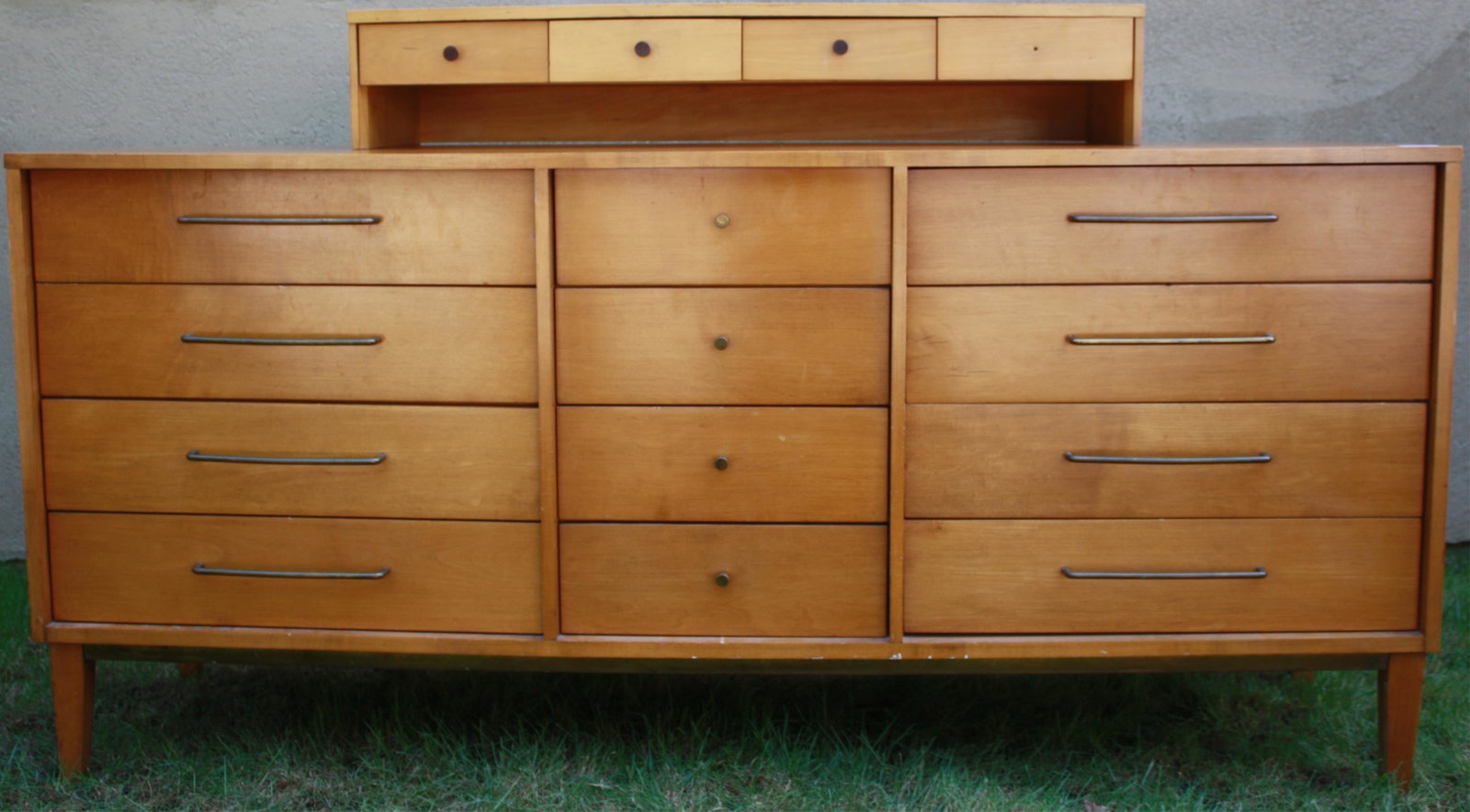 MID-CENTURY MODERN MCM 12-DRAWER CREDENZA CHEST.: POSSIBLY BY PAUL MCCOBB. MAPLE AND CHERRY, BRASS TRIM. GOOD CONDITION, WEAR CONSISTENT WITH AGE AND USE. 31 1/2" HIGH, 66" WIDE, 18" DEEP. SCRATCH TO TOP, PRY MARKS TO DRAWER FRONTS. ALONG WITH POSSIB