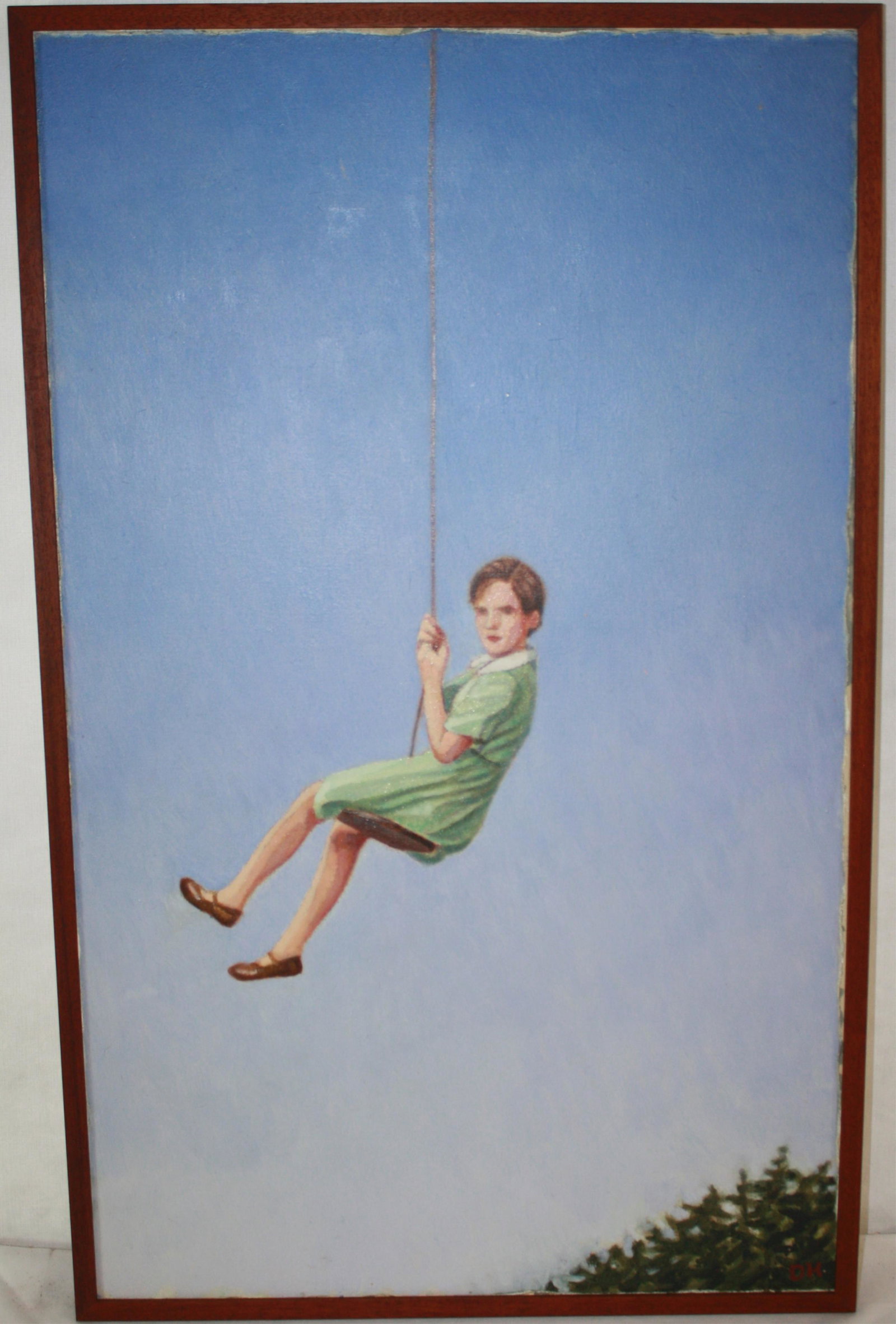 DUNCAN HANNAH (BORN 1952, NY) OIL ON CANVAS,: DEPICTING A CHILD ON A SWING. TITLED ROPE SWING. SIGNED LOWER RIGHT, AND ON VERSO. SIGHT SIZE 35 1/2" X 21 3/4", OVERALL WITH FRAME 37" X 23".