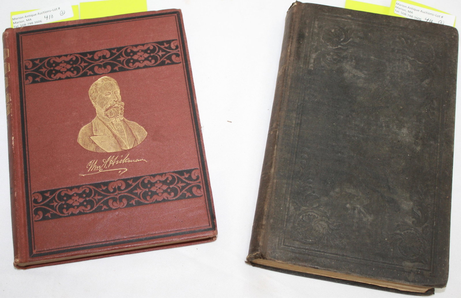 LOT OF 2 BOOKS CONCERNING MORMONISM. TO INCLUDE:: THE HISTORY OF THE SAINTS, OR AN EXPOSE OF JOE SMITH AND MORMONISM BY JOHN. C. BENNETT, 3RD EDITION, BOSTON, LELAND AND WHITING, 1842, BROWN CLOTH BOARDS, 7 1/4" X 5", 344 PAGES, WITH BLACK AND WHITE 