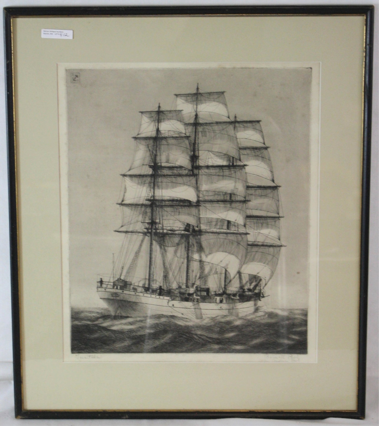 BURNELL POOLE (1884-1933, MA, NJ) COPPER PLATE: ENGRAVING, TITLED "TUSITALA", A SHIP OUT OF NEW YORK. THE SHIP WAS THE LAST FULLY RIGGED MERCHANT SHIP TO FLY THE AMERICAN FLAG, AND WAS BUILT IN 1883. THIS PRINT IS SIGNED LOWER RIGHT IN PENCIL POSTH
