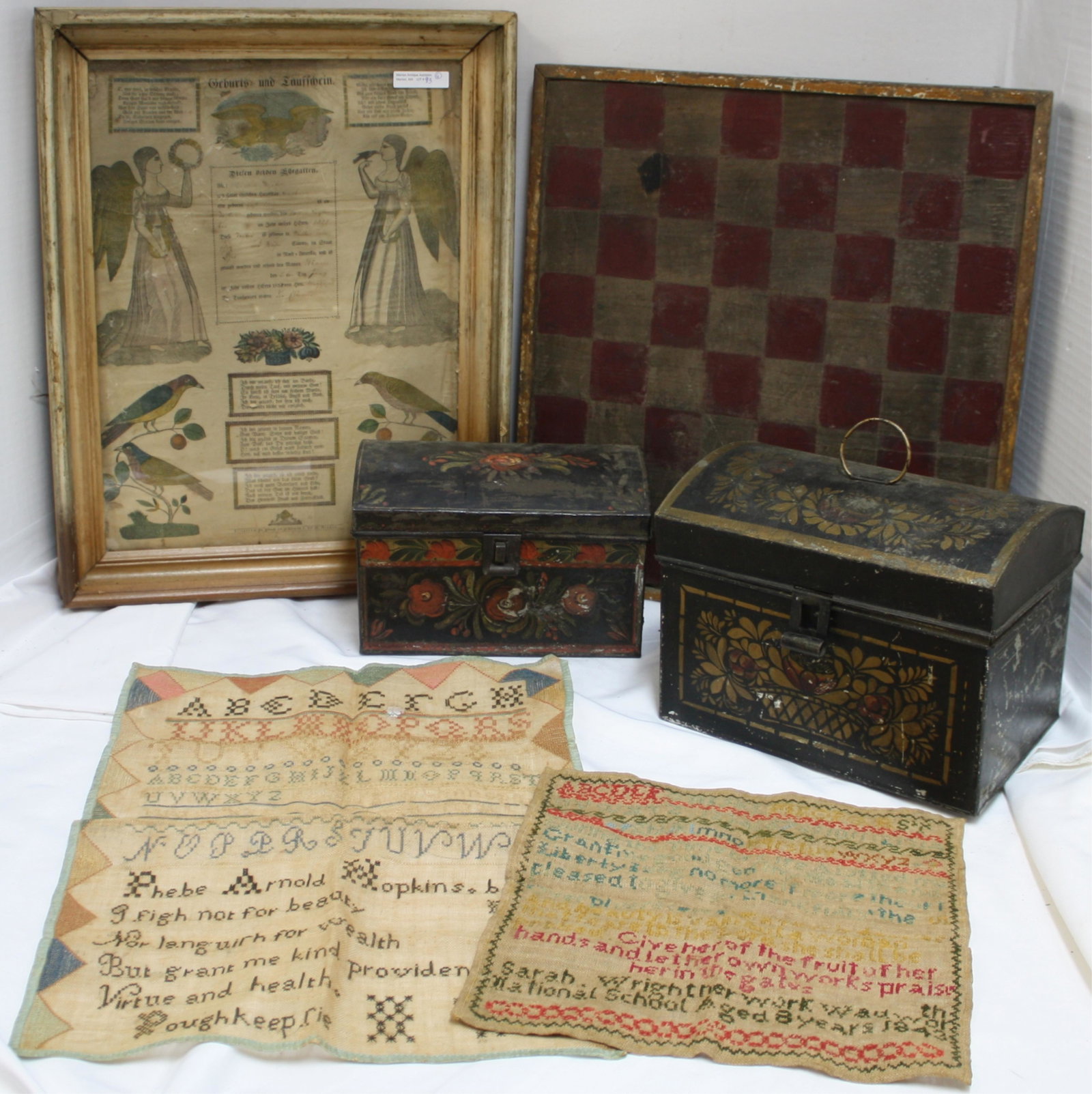 6 PIECE AMERICANA LOT. TO INCLUDE: PAINTED TIN: DOCUMENT BOX, ORIGINAL FLORAL DESIGN, SLIGHTLY DENTED WITH SOME PAINT LOSS, 9" WIDE, 5" HIGH, 5" DEEP. PAINTED TIN DOCUMENT BOX, ORIGINAL STENCILED FLORAL DESIGN, SHOWS SOME SCRAPING AND PAINT LOSS, 9