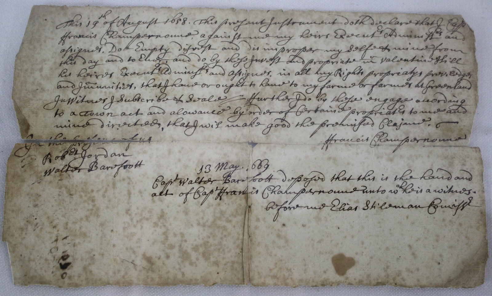 LAND DEED, DATED 1658 AND 1670, PORTSMOUTH,: NEW HAMPSHIRE AND YORK, MAINE AREA. SOLD BY CAPTAIN FRANCIS CHAMPERNOWNE TO CAPTAIN WALTER BARFOOTT. WITNESSED BY ROBERT JORDAN, FILLED OUT BY ELIAS STILLMAN. CREASING, SOME PAPER LOSS, STAINING, FOXI