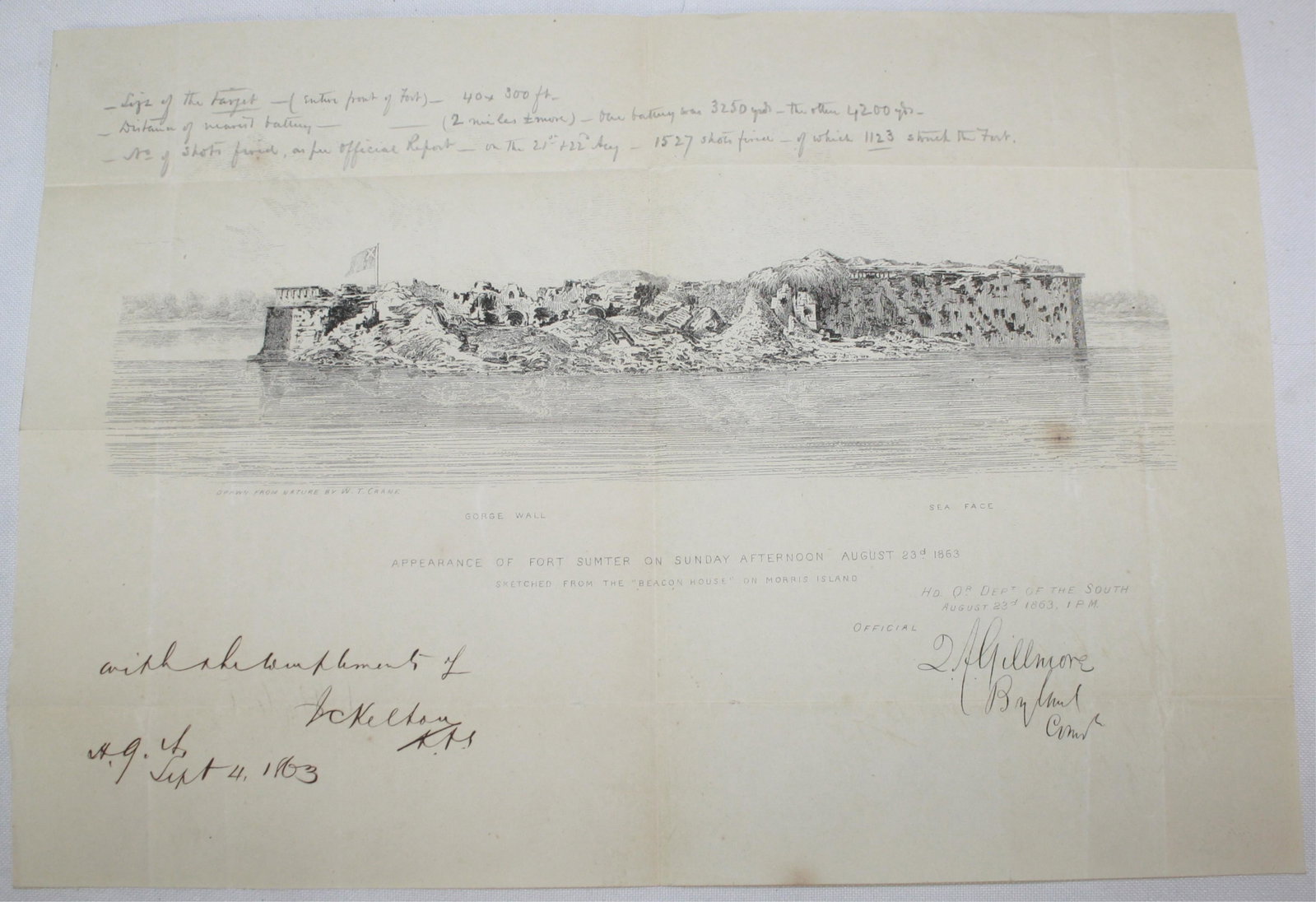 "APPEARANCE OF FORT SUMTER ON SUNDAY AFTERNOON: AUGUST 23RD, 1863" PRINT AFTER DRAWING BY W. T. CRANE, AS SEEN FROM THE "BEACON HOUSE" ON MORRIS ISLAND. HD. QR. DEPT OF THE SOUTH, AUGUST 23RD, 1863, 1 PM. CRANE WAS A SPECIALIST ARTIST, COMMISSIONED