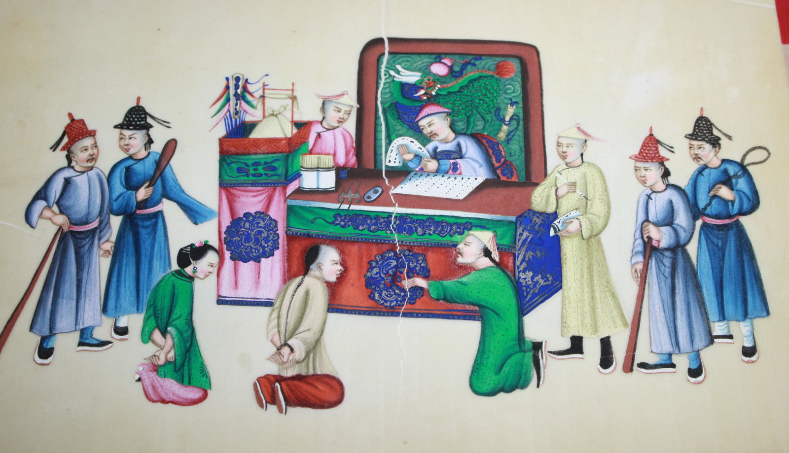 19TH CENTURY CHINESE ALBUM OF 12 PAGES DEPICTING: TORTURE AND EXECUTION SCENES AND TECHNIQUES. WATERCOLORS ON RICE PAPER, APPROX. 8 1/2" X 13 3/4". THE FIRST SHOWS A TEAR DOWN THE CENTER AND IN TWO CORNERS, DEPICTS A MAGISTRATE HANDING OUT SENTENCE.