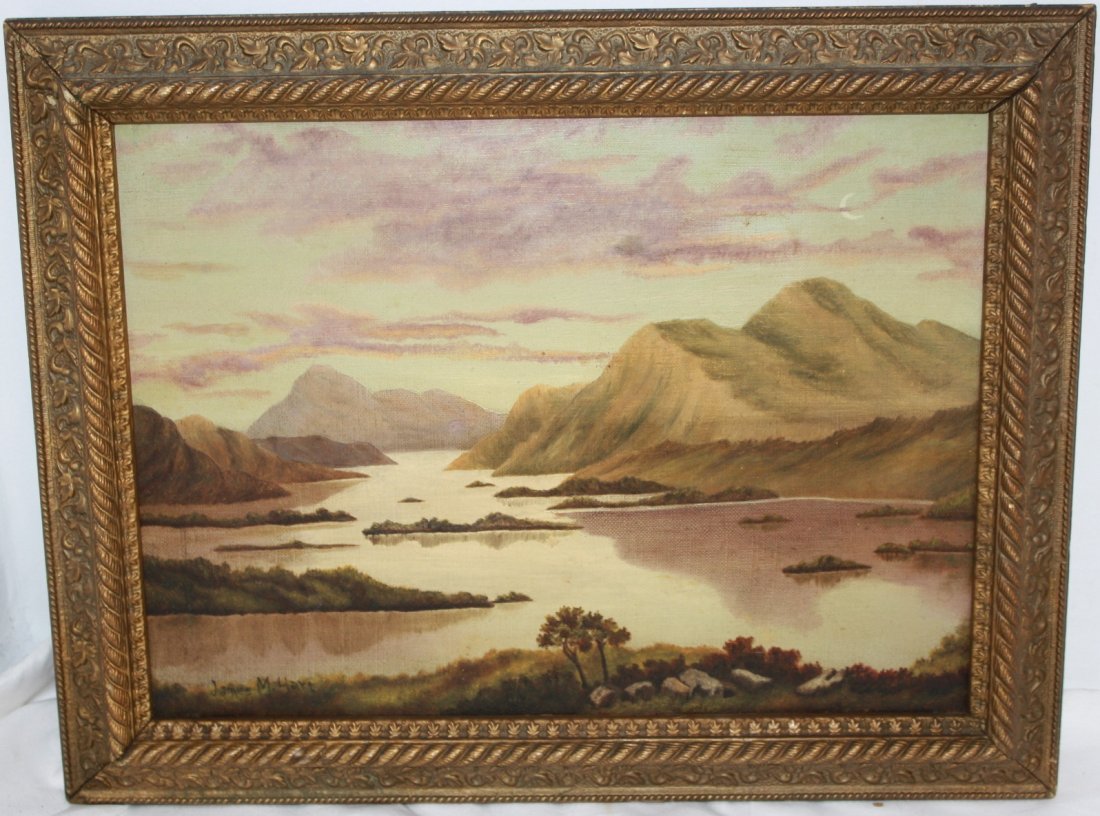 JAMES MCDOUGAL HART (1828-1901, NY) OIL ON CANVAS: LANDSCAPE. SIGNED LOWER LEFT. SIGHT SIZE 10" X 13 1/2", OVERALL, WITH PERIOD CARVED AND GILDED FRAME 14" X 17". SMALL REPAIR VISIBLE ON VERSO, OTHERWISE BLACKLIT WITH NO SIGNS OF INPAINTING.