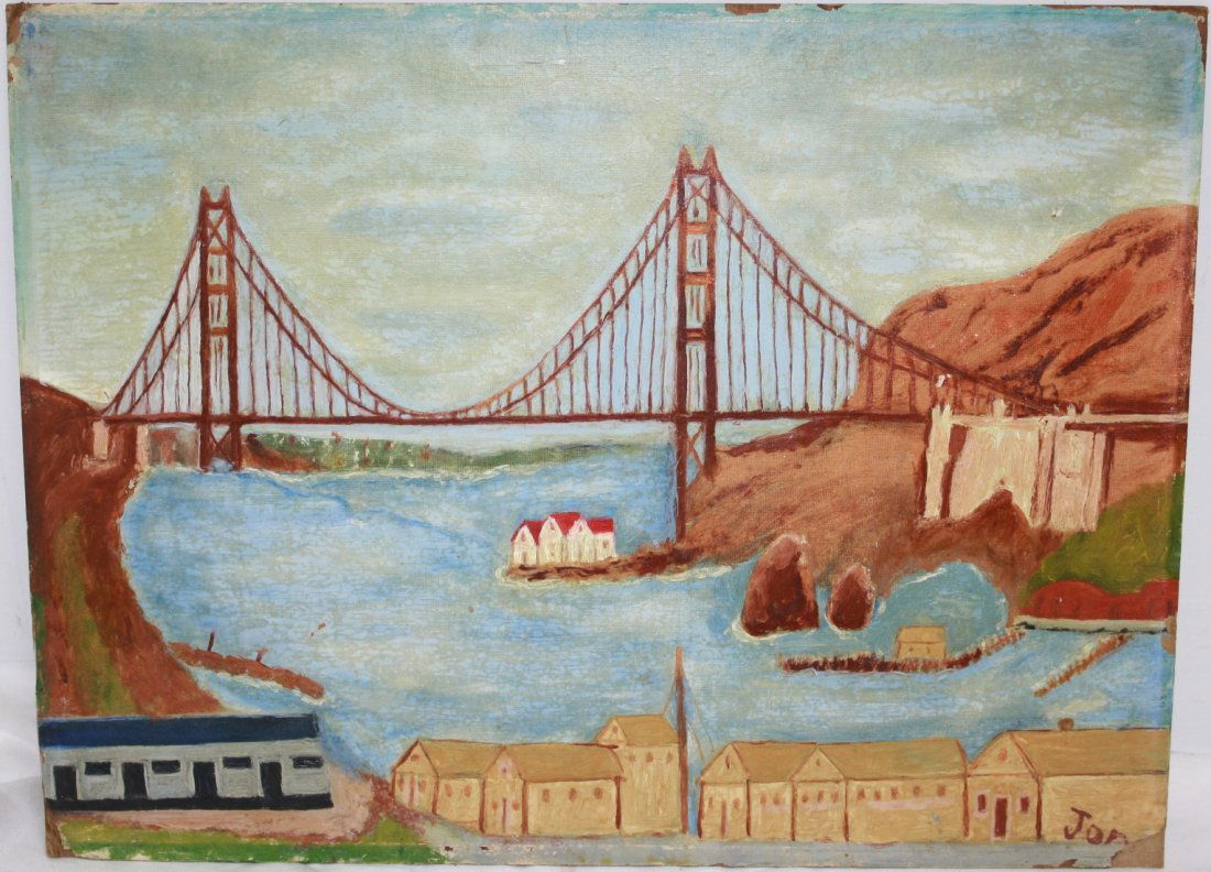 JON SERL (1898-1993, CA) OIL ON ARTIST BOARD,: DEPICTS WHAT APPEARS TO BE THE GOLDEN GATE BRIDGE. SIGNED LOWER RIGHT. SHOWS CHIPPING TO THE CORNERS, AS WELL AS A SLIGHT HALF INCH TEAR AT THE TOP OF BOARD, BEND TO LOWER LEFT CORNER. 12" X 16" UNFRA