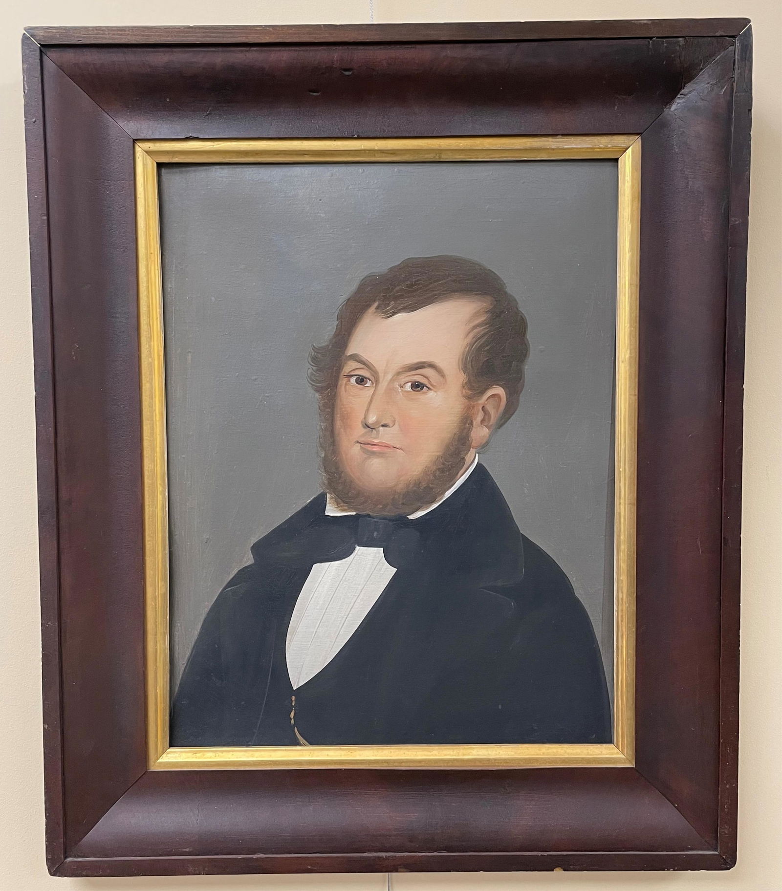 William Matthew Prior (1806-1873, MA, ME) oil: painting on board depicting a portrait of Dr. Silas Thompkins, New Bedford, MA, inscribed on verso Doctor Thompkins, painted by W. M. Prior, March 28, 18?. Sight size 19 1/2" x 15 1/2", overall with p