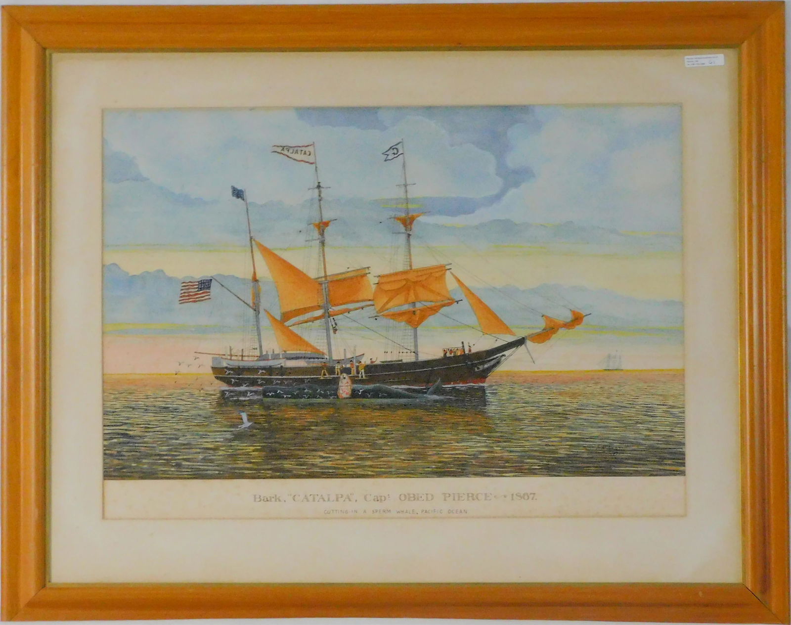 Robert Newell (20th century, US marine/nautical: painter) framed and glazed watercolor depicting the bark Catalpa, Captain Obed Pierce, 1867. Cutting-in a sperm whale, Pacific Ocean. Signed lower right R. R. Newell, 1865. Sight size 18 1/2" x 26 1/4