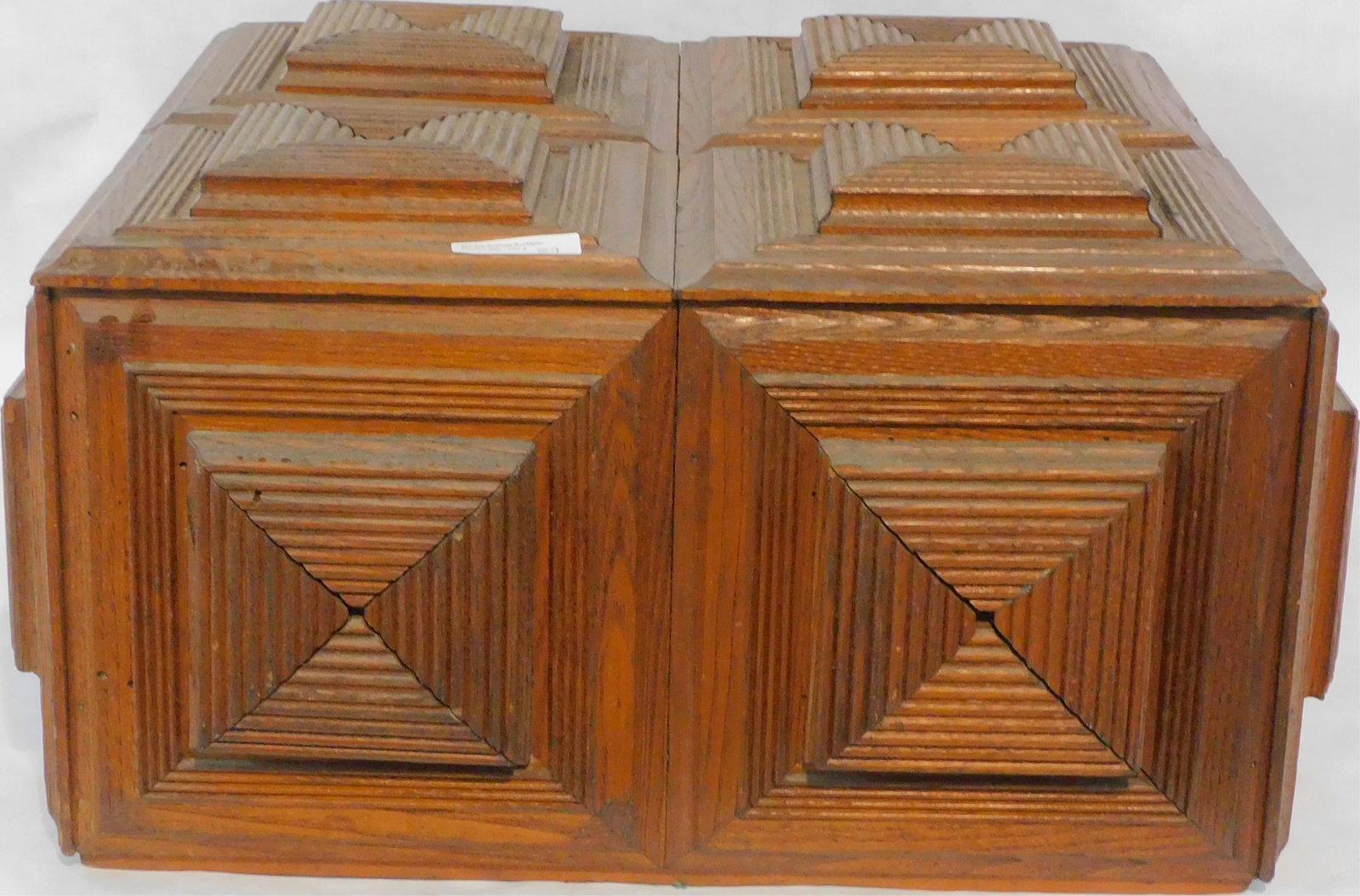Lidded tramp art box, ca. 1900. Fabric lined: interior. Approx. 18" x 18" x 10". Overall good condition