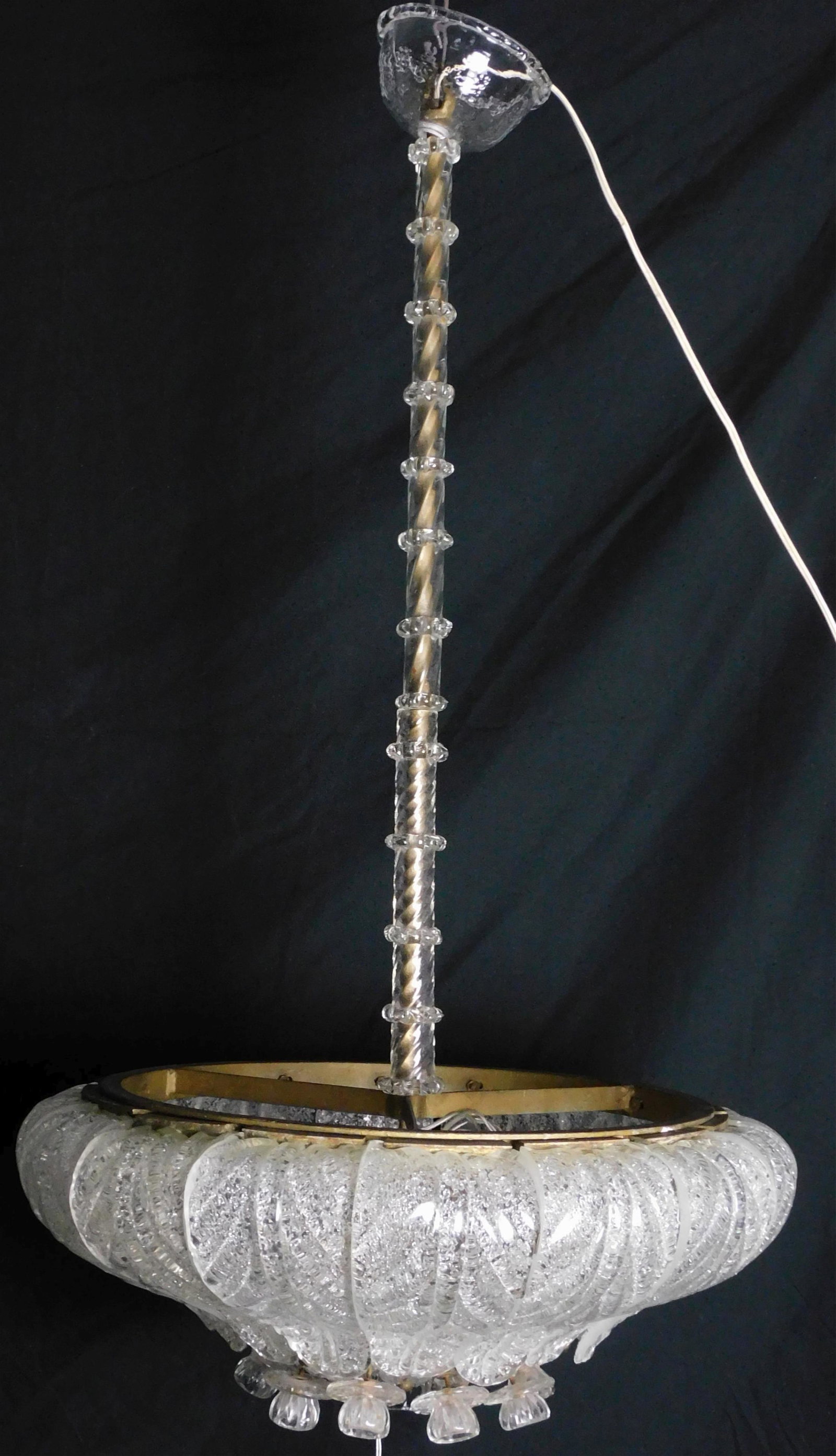 Barovier and Toso (attributed) Italian Murano: glass chandelier, ca. 1930's to 1940's, frosted glass and gilt brass, 17 custom fitted glass leaf inserts (one leaf replaced), 10 floral buds on the bottom canopy, 37" high with the ceiling cap, 21" d