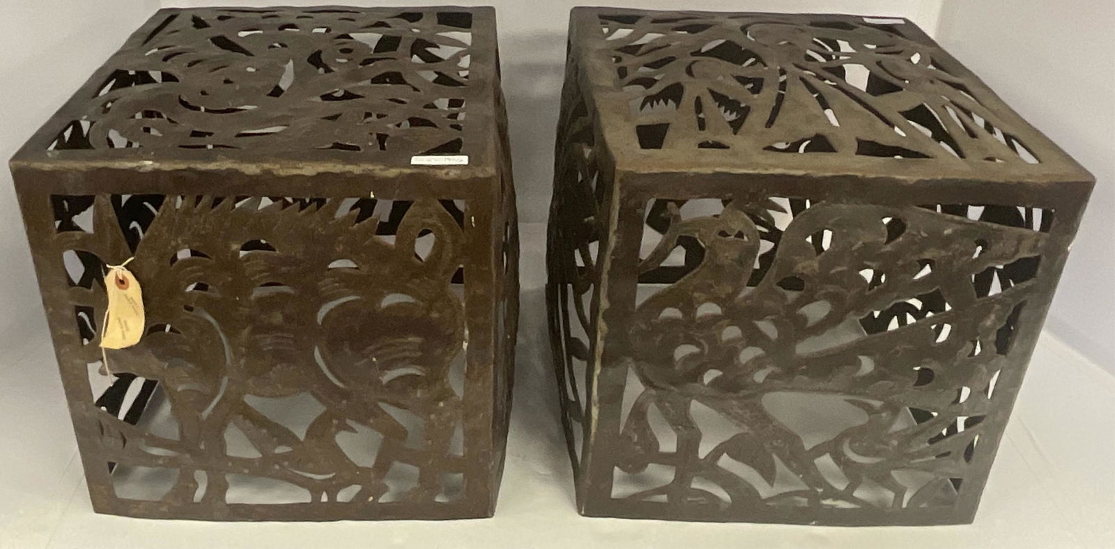 Jean Pierre Bernard (20th century, Haiti) for Harvey: Probber, two torch-cut, welded and chased steel cubes. Made in Croix-des-Bouquets, Haiti, ca. 1960-70s. Made of recycled steel drums. Typical of Haitian folk art, these cubes feature motifs which incl