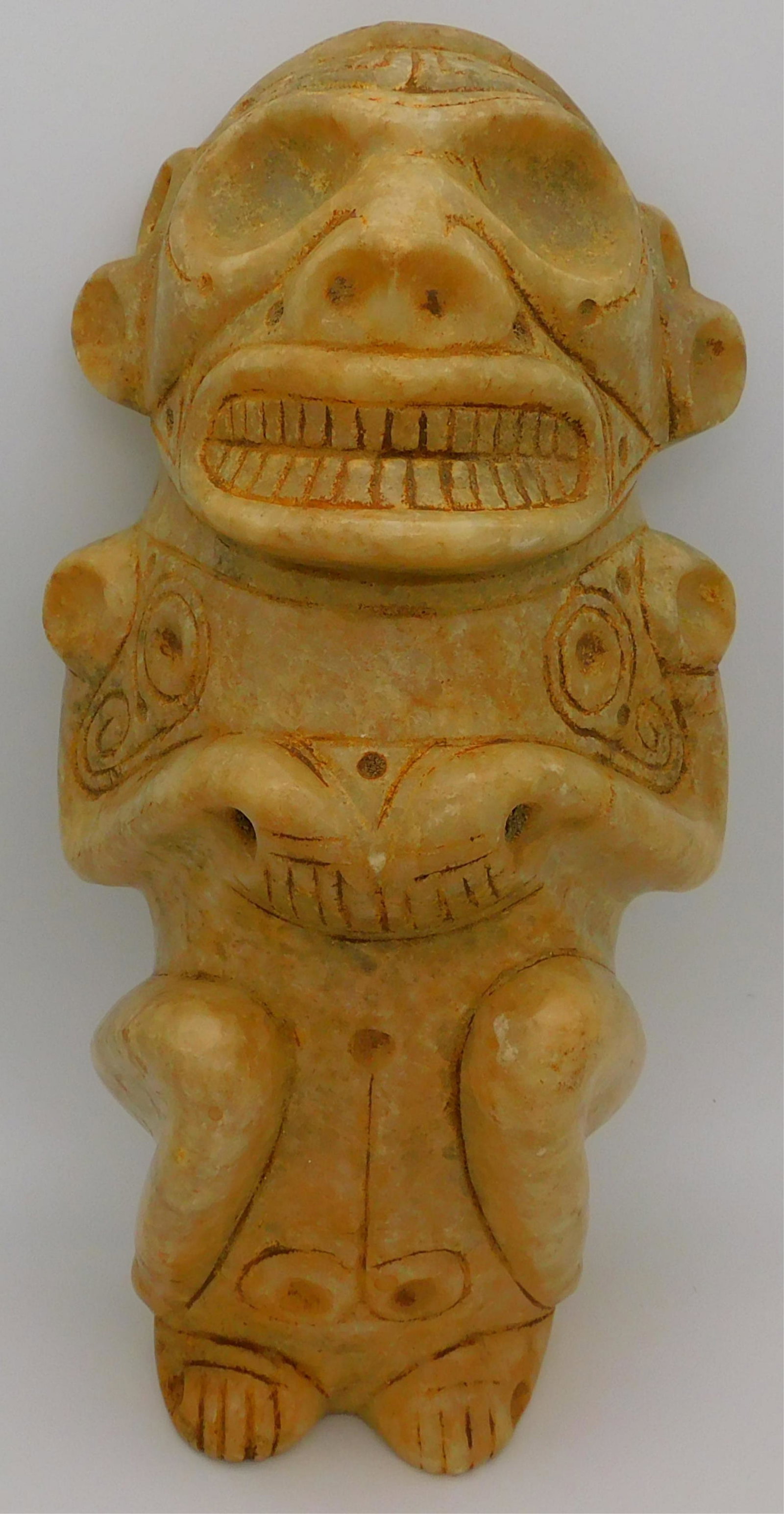 Excellent full figure Taino anthropic sculpture: of deity or ancestor. Well defined eye and mouth surrounds, a Taino design element typical of South eastern Dominican Republic. Provenance: Larry Roberts Collection, author of Taino Hallucinogenic Imp