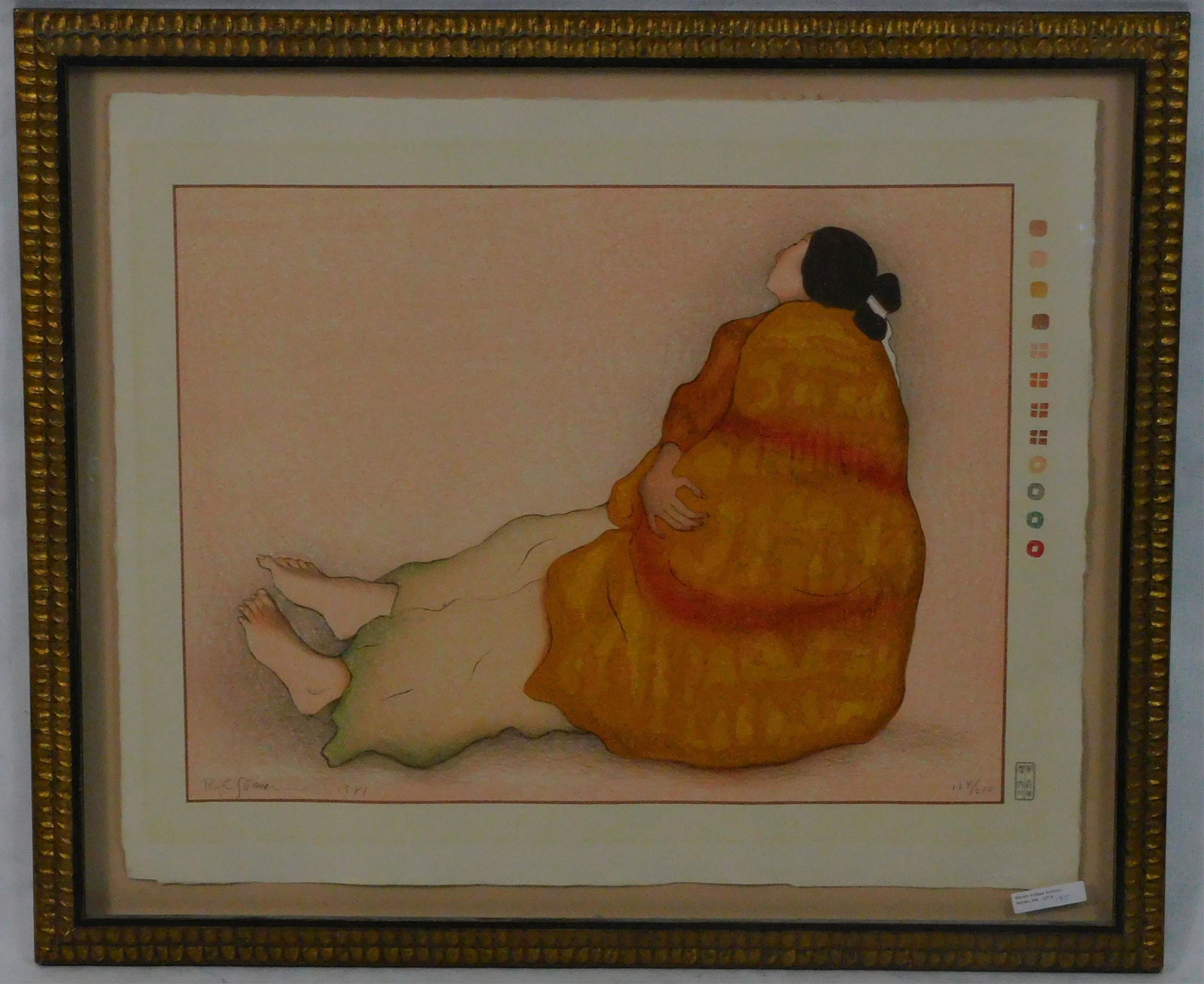 R. century Gorman (1932-2005, NM, AZ) framed and: glazed original colored lithograph, depicting a seated Native American woman. Limited edition #184/210. Pencil signed lower left, RC Gorman, 1981. Paper embossed Taos Editions Ltd. Carved and gilded f