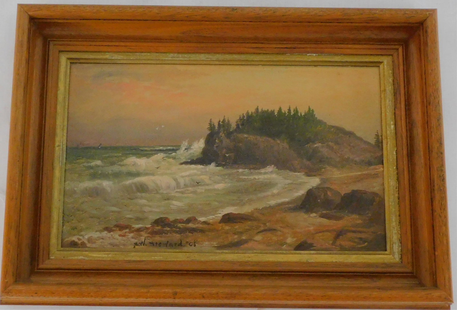 Seth Wyman Steward (1844-1927, ME, CT) oil: painting on artist board, depicting the Coast of Maine. Signed middle left, SW Steward, ' 08. In a period walnut frame. Sight size 7" x 11 1/2", overall with frame 10 1/2" x 15".