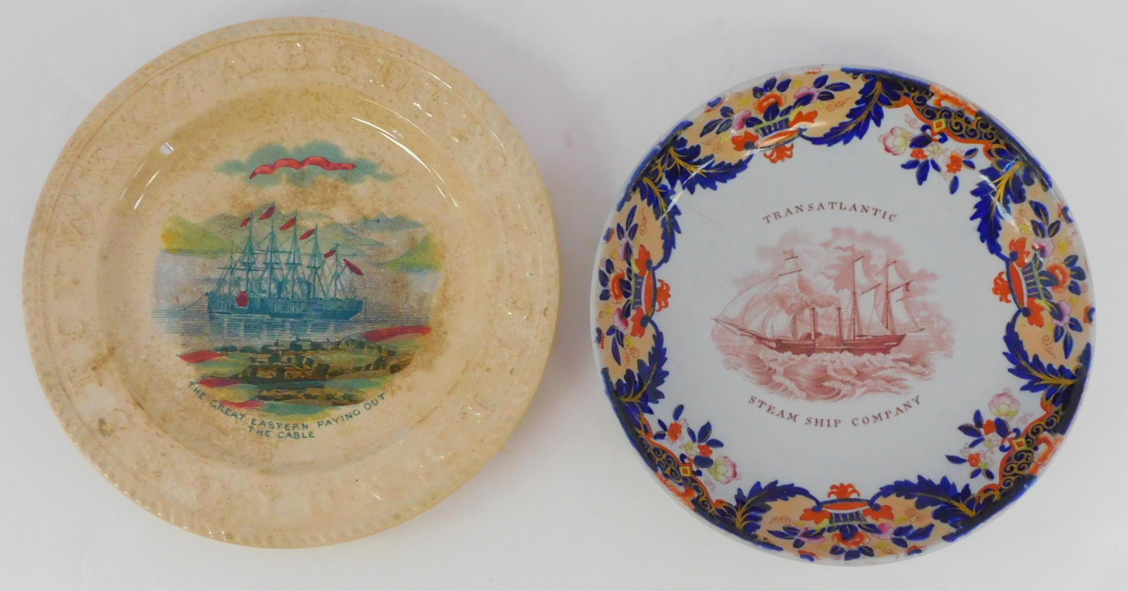 Two 19th century porcelain transferware plates.: To include: Transatlantic Steamship Co. plate in an Amari pattern, stamped on verso Liverpool with the ship, 6 1/2" diameter, a slight hairline about 1 1/2". Along with an alphabet plate "The Great Ea