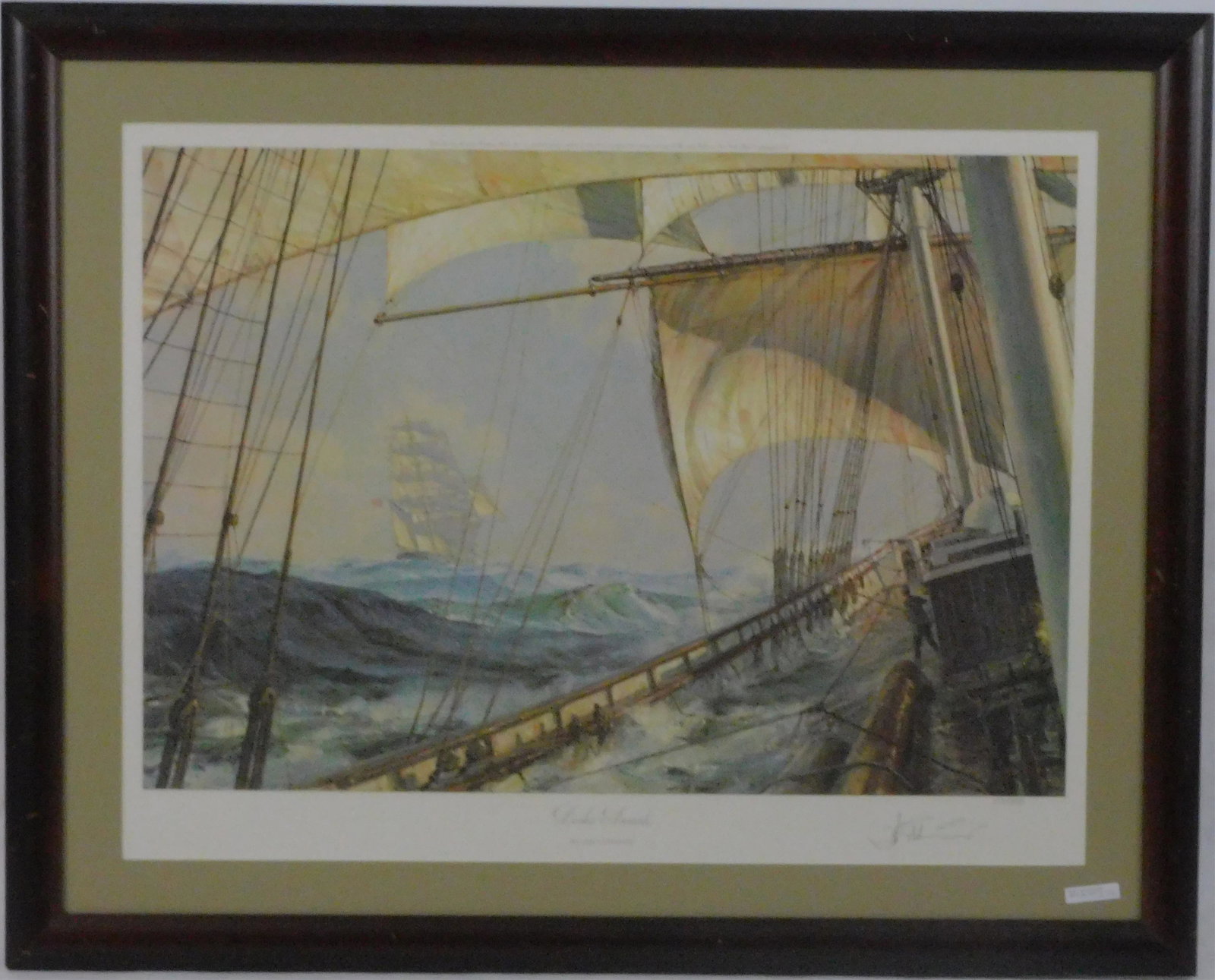 John Stobart (b 1929, MA, FL) framed and glazed: colored lithograph depicting "Decks Awash". Signed lower right. #515/850. Sight size 24" x 31", overall 31 1/4" x 38 3/4".