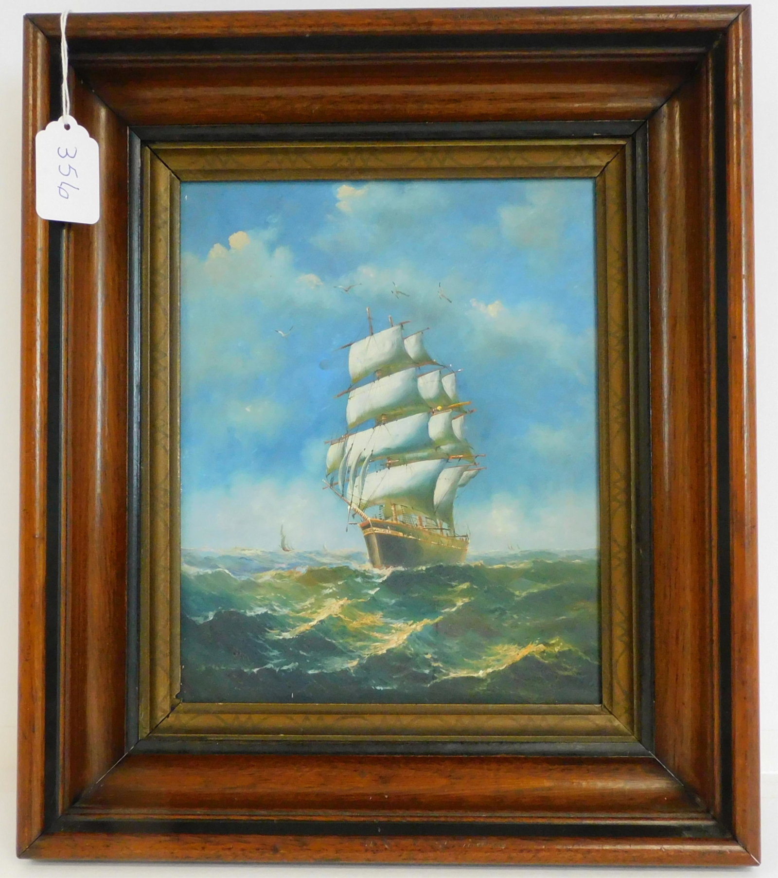 Oil painting on board, late 19th century,: depicting a three-masted ship under sail, homeward bound. Seagulls and sailboats in the background. Sight size 9 1/2" x 7 1/2", overall 14" x 12 1/4".