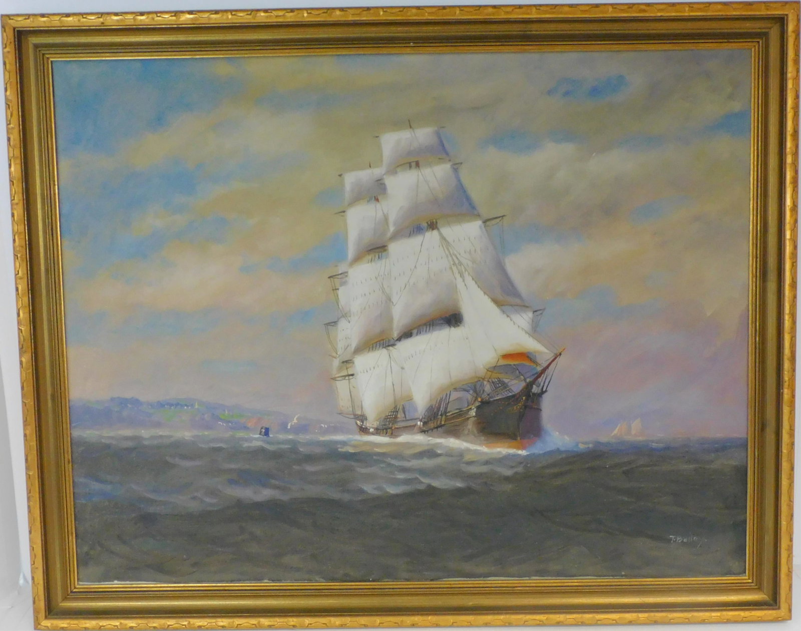 T Bailey (19th/20th century, MA) oil painting on: canvas depicting a clipper ship headed out under full sail. Signed lower right, T Bailey. In original carved and gilded frame. Good condition. Sight size 24" x 31", with frame 28" x 34 1/2".