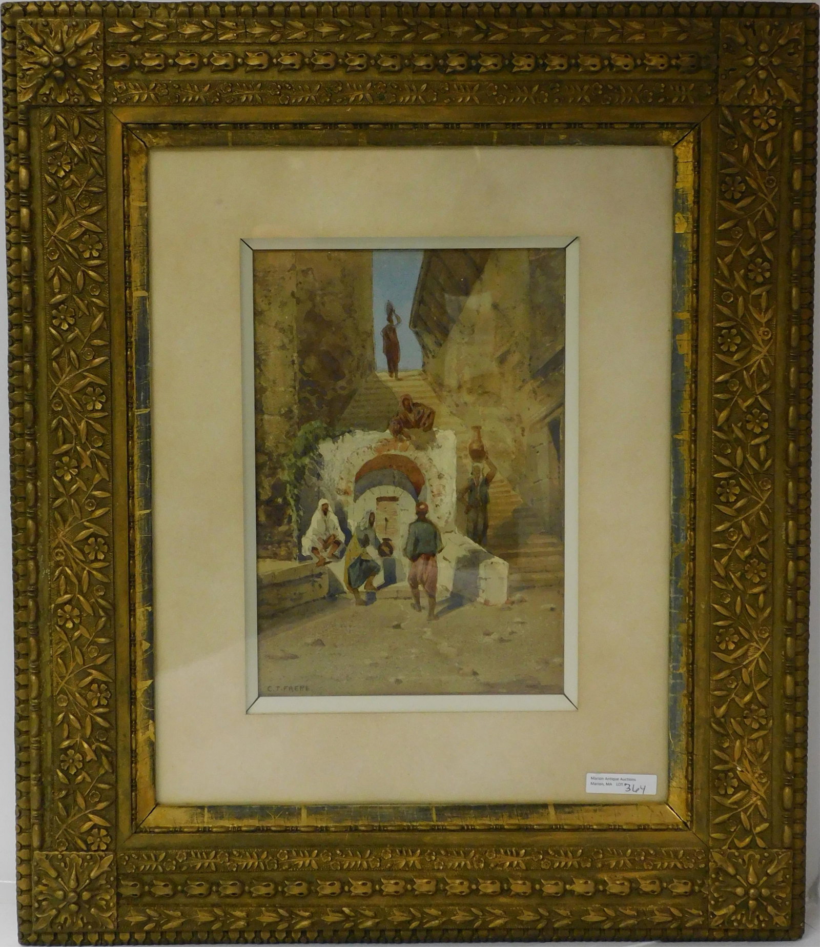 Charles Theodore Frere (1814-1888, French, known: for orientalist theme painting) framed and glazed watercolor painting depicting a street scene in North Africa. Sight size 11" x 7 1/2", overall with frame 23" x 19 1/2". Frame is in good condition.