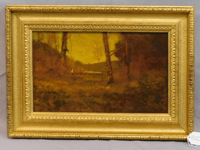 Louis Richardson (1853-1923, New York,: Massachusetts) oil painting on canvas depicting a landscape with a figure at Nonquitt, South Dartmouth, MA. Ca. 1906. Signed lower right Louis H. Richardson. Signed and dated on verso. Sight size 6