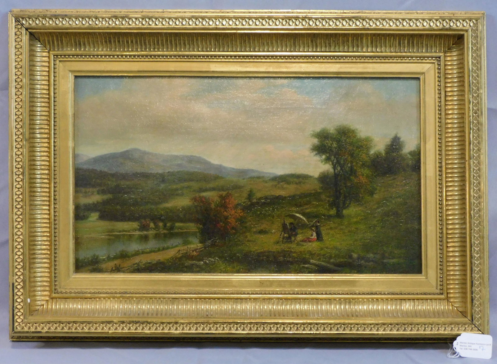 Robert Spear Dunning (1829-1905, Massachusetts,: New Hampshire) oil painting on canvas, White Mountains Landscape. Late 19th century. Depicting a bucolic mountain landscape with three figures, which include a man seated with an easel and umbrella an