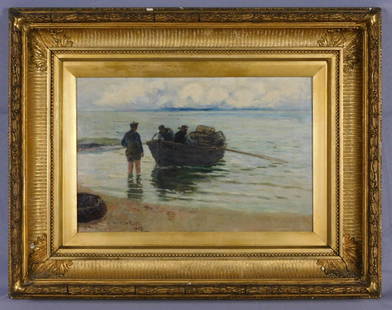 Andrew Black (1850-1916, UK) oil painting on: canvas depicting Seaside scene with British fishermen in a dory. Signed and dated lower left Andrew Black 1883. Sight size 12" x 18", overall in period carved and gilded frame 20" x 27 1/2". Painting