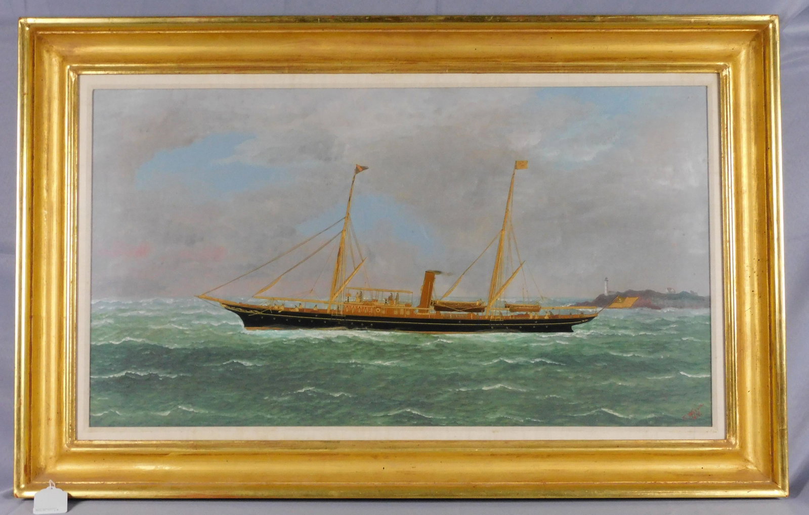 Thomas Willis (1850-1925, Denmark, New York) oil: painting on canvas with silk work depicting Yacht Ituna under steam, coastal view with lighthouse. Signed T. Willis N.Y. Lower right. Sight size 20" x 36", overall in modern gilded frame 27" x 43". Sl