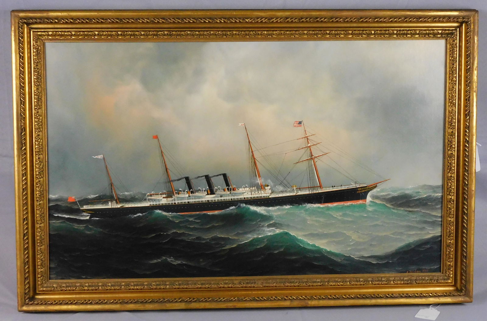 Antonio Nicolo Gasparo Jacobsen (1850-1921,: Denmark, New York, New Jersey) oil painting on canvas depicting the ship, City of Rome, under steam. Ship's portrait of the steam liner City of Rome flying an American flag. Signed and dated lower rig