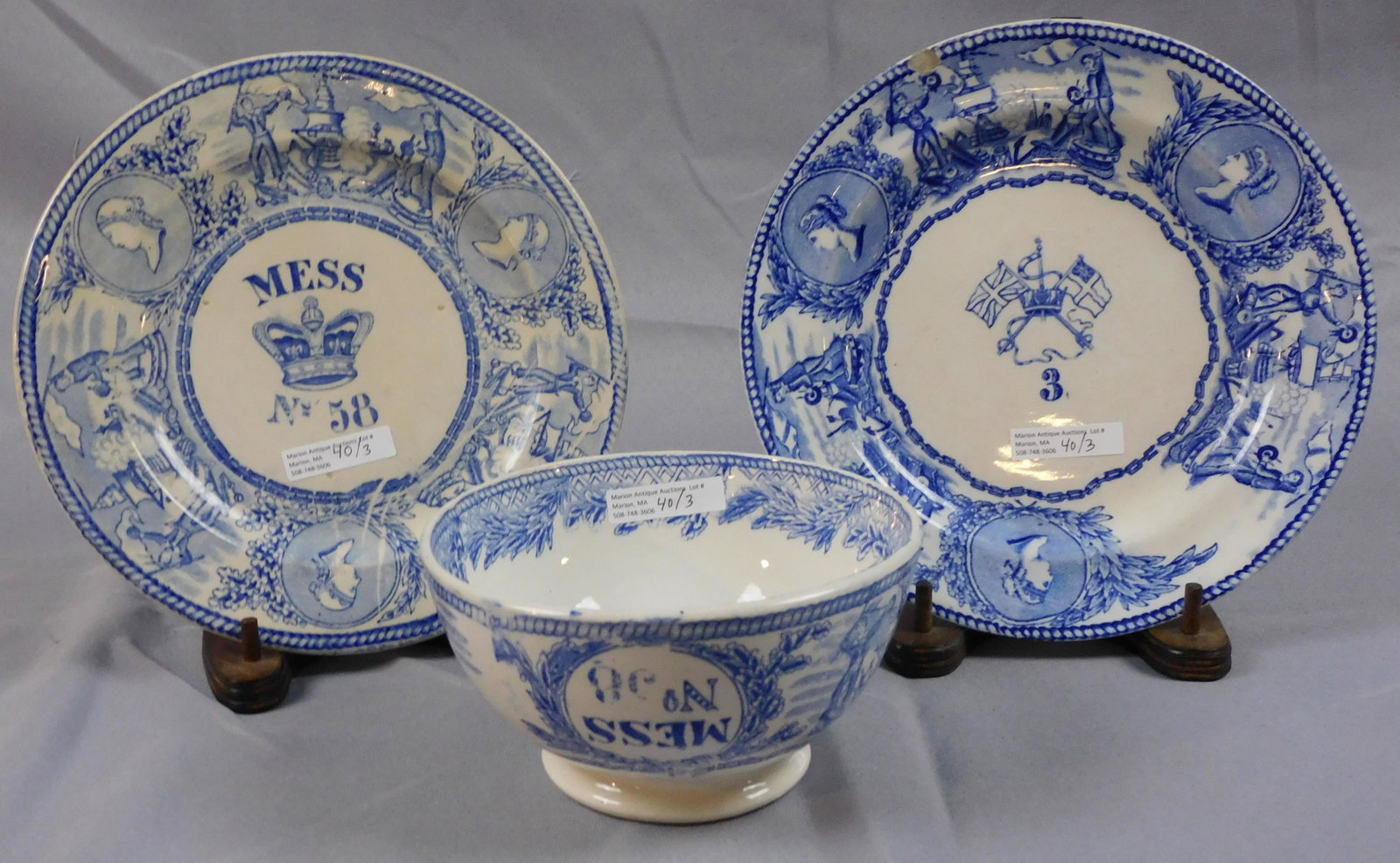 (3) Ironstone nautical and naval motif: transferware ceramics. Mid 19th century plate, marked with crown and Mess No. 58, 9 1/2" diameter, slight crazing. Plate with crossed flags and number 3, 9 1/2" diameter, with rim chip. Bowl 6 1/2" di