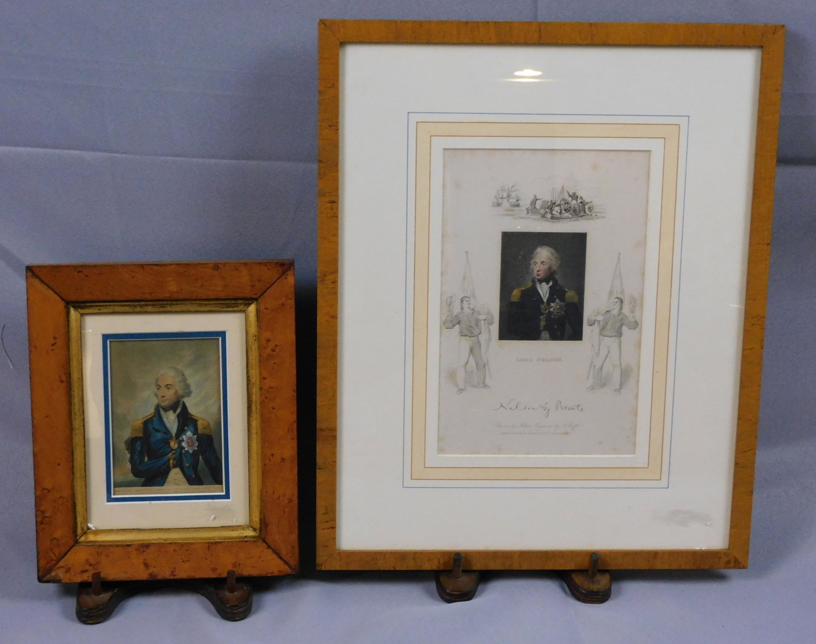 Colored engraving of Lord Nelson, engraved by: Roffe, 19th c., published in London by Thomas Kelly. Sight size 8 1/2" x 5 3/4", overall with modern burl walnut frame 16" x 13". Shows light foxing. Along with a colored engraving of Lord Nelson, by 