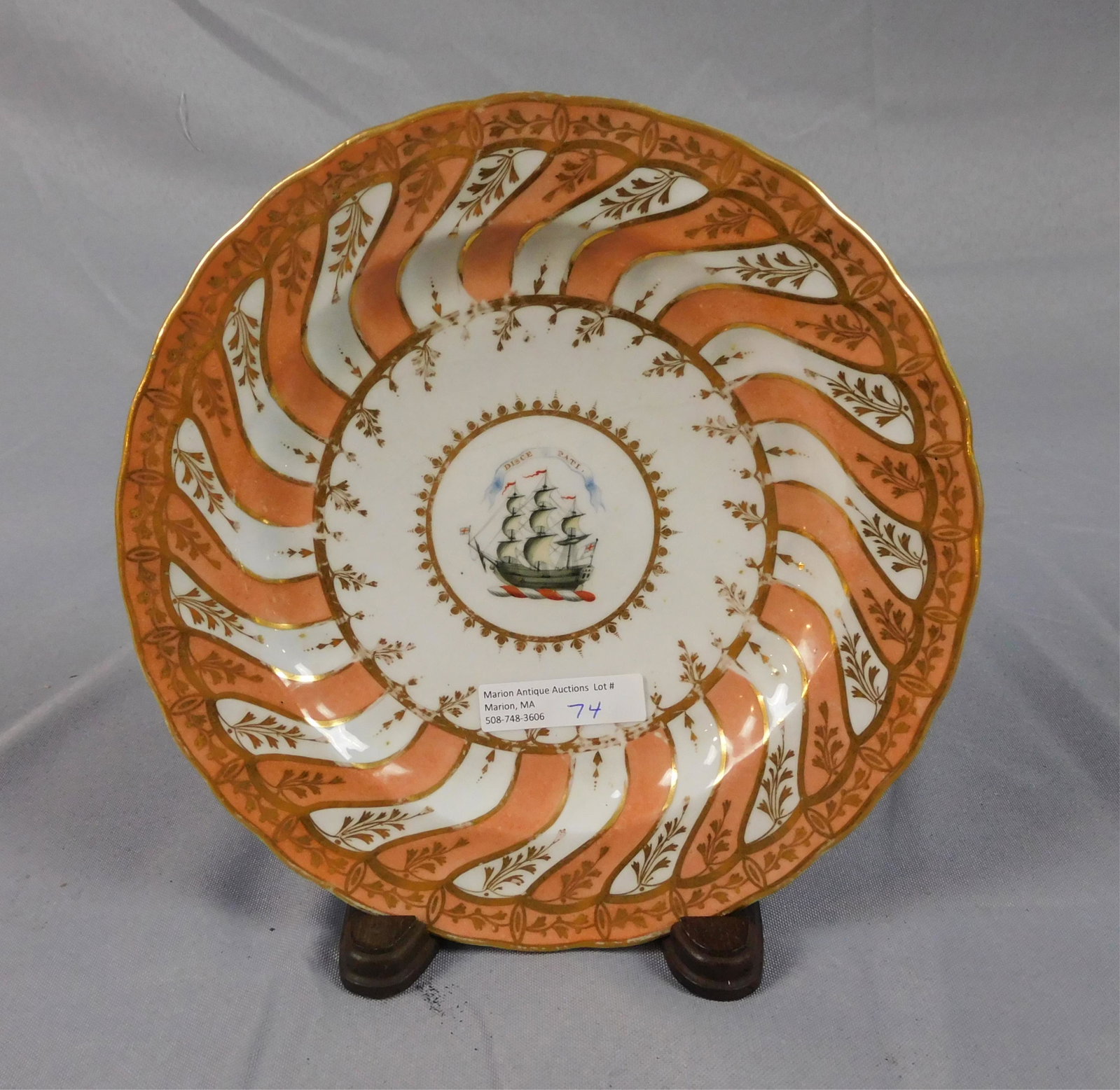 Chamberlain Worcester porcelain plate, armorial: ship design. Signed on back. 8 1/2" diameter, shows faint hairlines in center. Small chip on back edge of rim. Provenance: Webb estate.