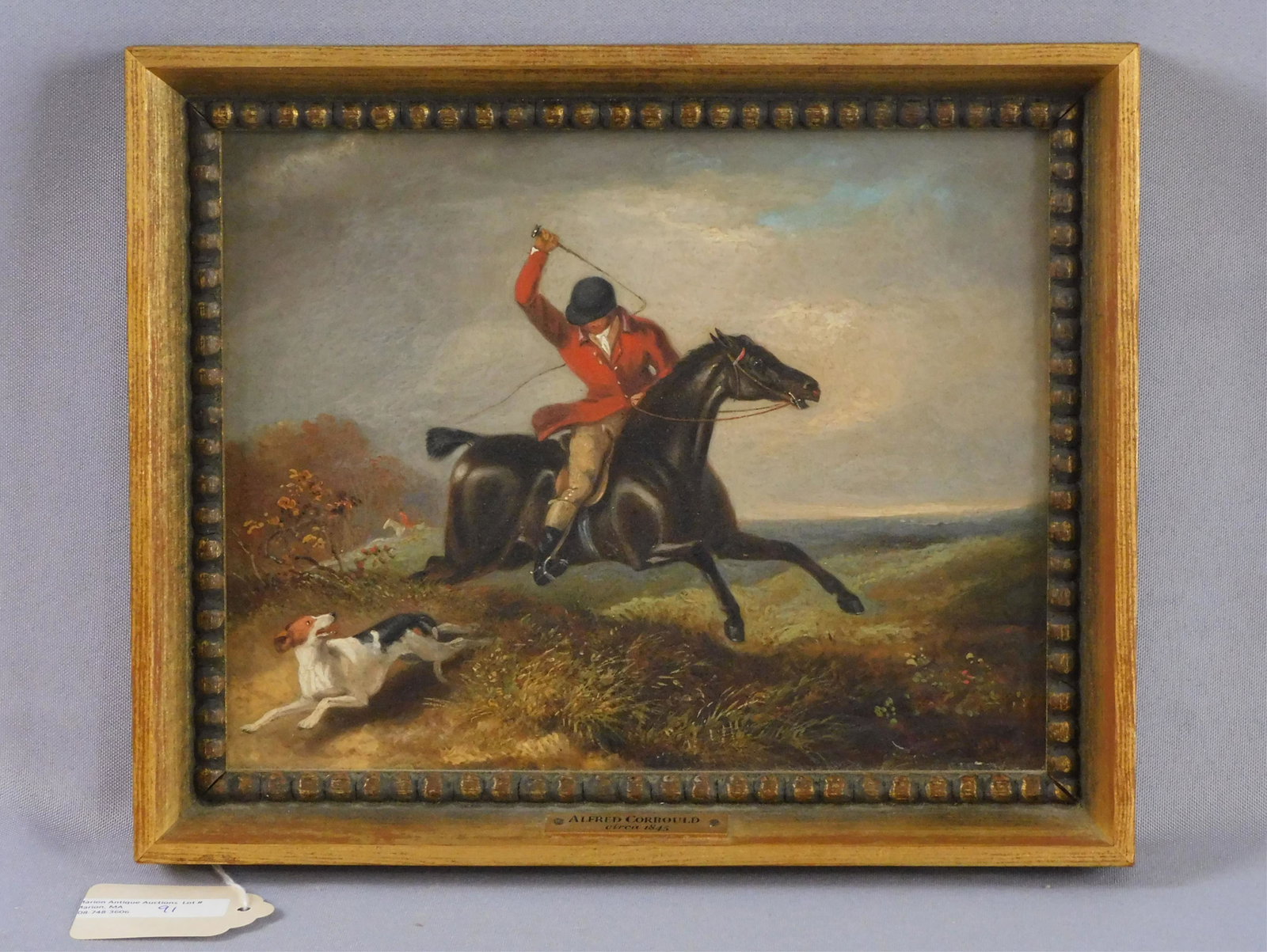 Arthur Corbould (active 1831-1875, UK) Fox hunt,: oil painting on canvas. Ca. 1845. Depicts a rider on horseback fox hunting with a hound in the foreground. In a carved and gilded frame. Plaque with artist's name and painting date. Not visibly signed
