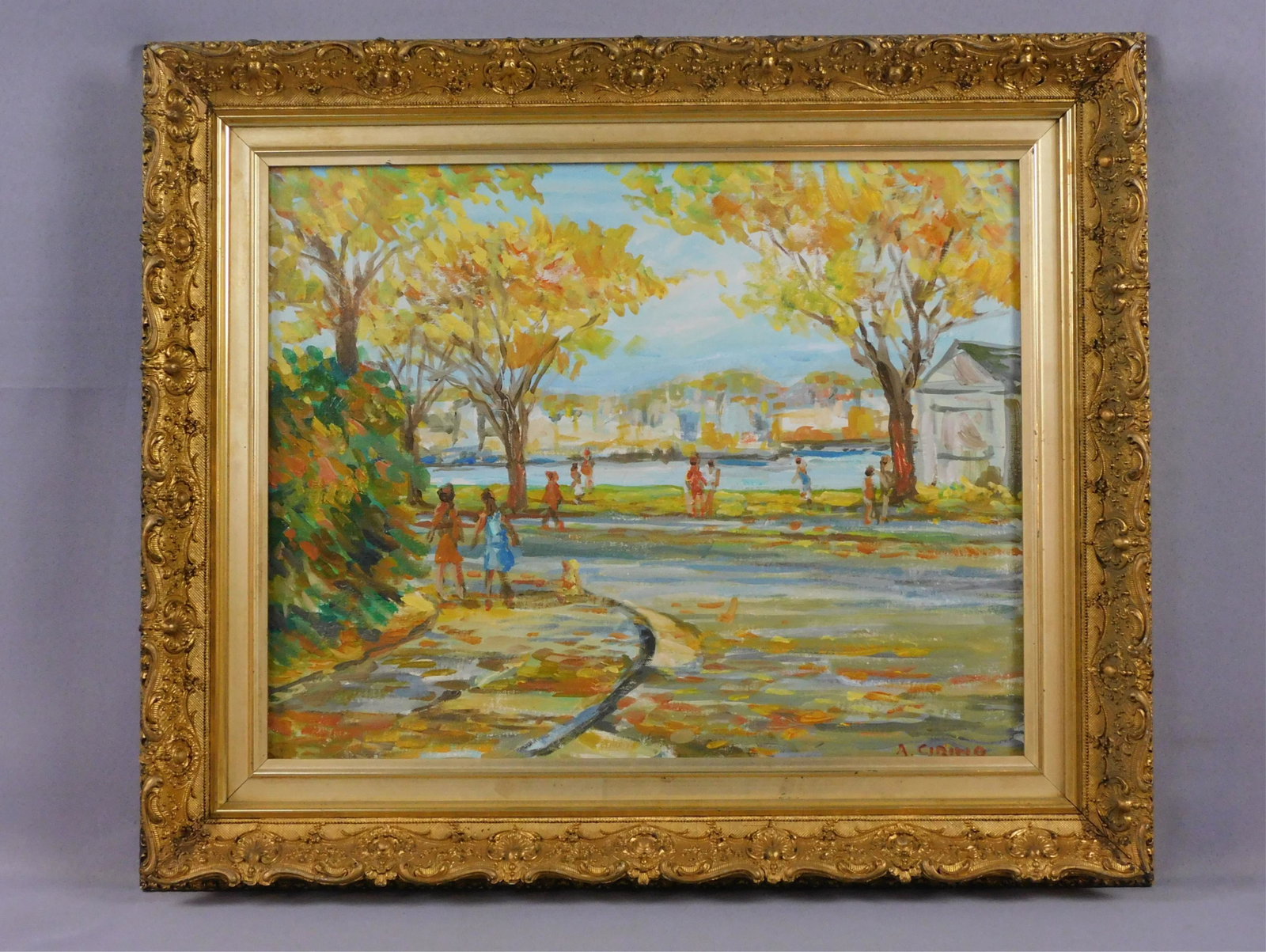 Antonio Cirino (1889-1983, Rhode Island) oil: painting on canvas, depicting a fall landscape with figures near a river. Signed lower right. Cirino was a founding member of the Rockport Art Association and held membership in the Providence Art Clu