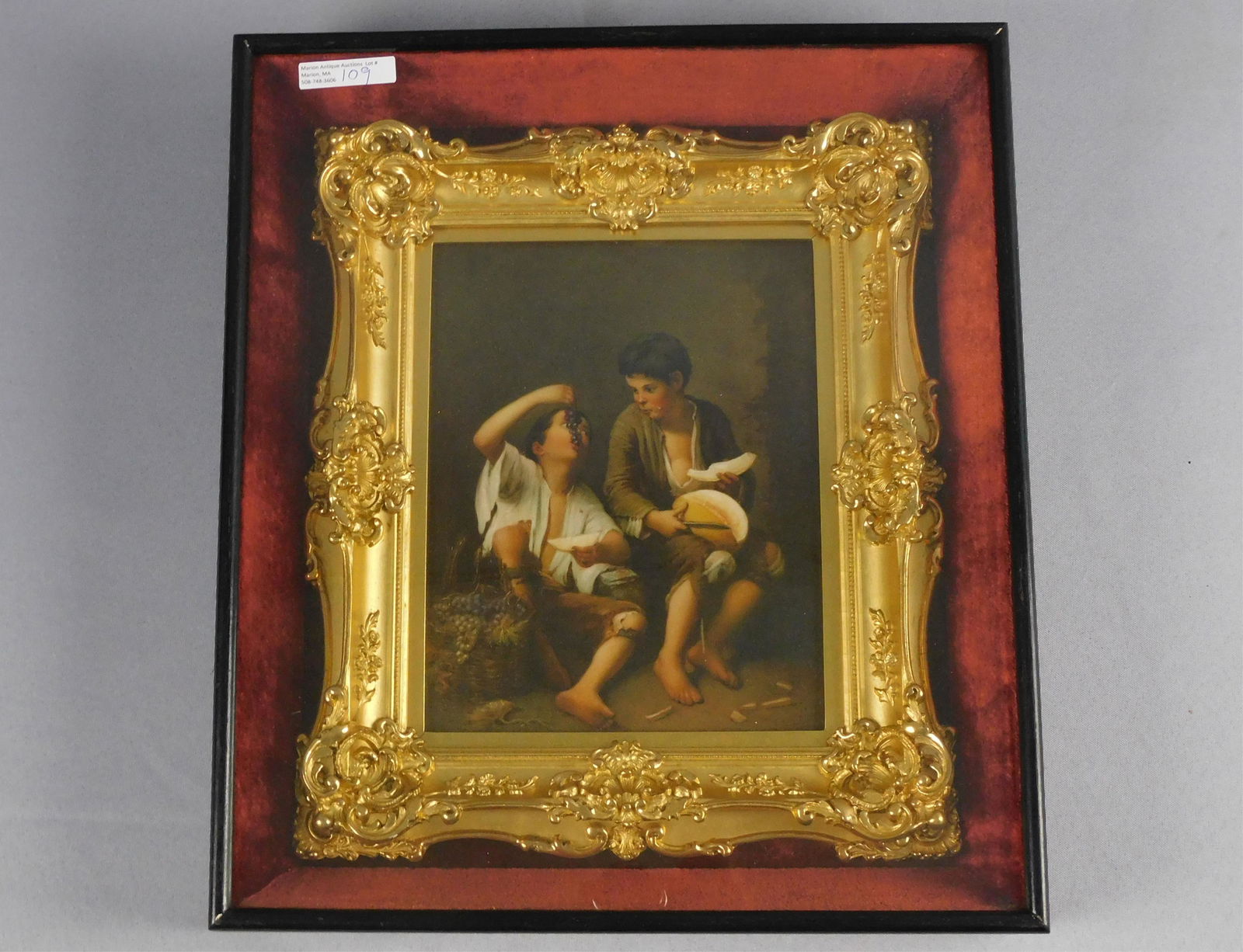 KPM shadowbox framed plaque depicting young boys: eating fruit, late 19th c. Hand painted on porcelain. In an elaborate gold gilt frame. Plaque measures 7 1/2" x 10", frame is 13" x 11", overall 16" x 14". Overall excellent condition. Likely painted