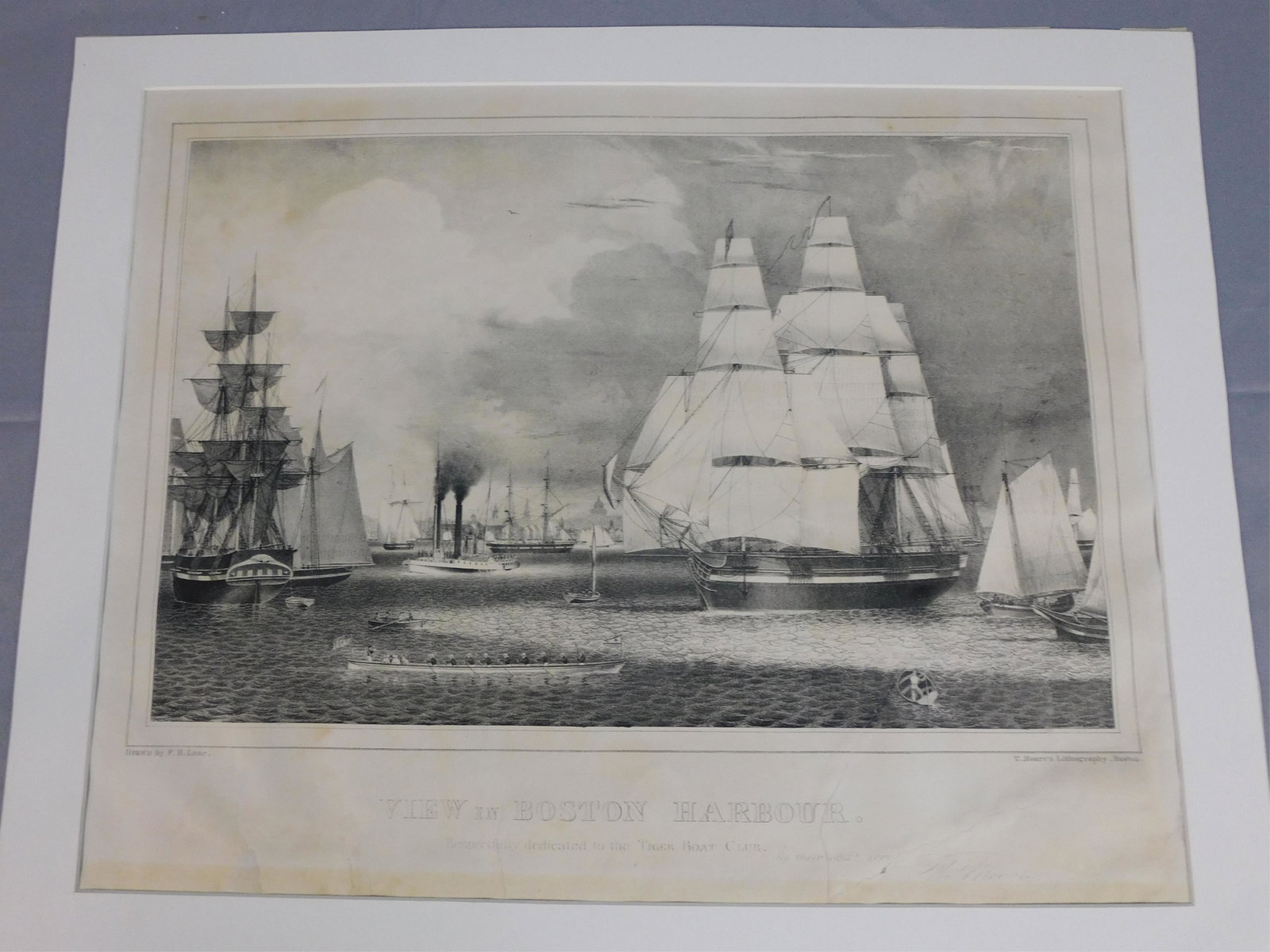 After F. H. Lane, "View of Boston Harbor", black: and white engraving by T. Moore Lithography, Boston. Dedicated to the Tiger Boat Club. 19th c. Hand signed by the lithographer T Moore, lower right. 18 1/2" x 24", overall with frame 20 3/4" x 27". No