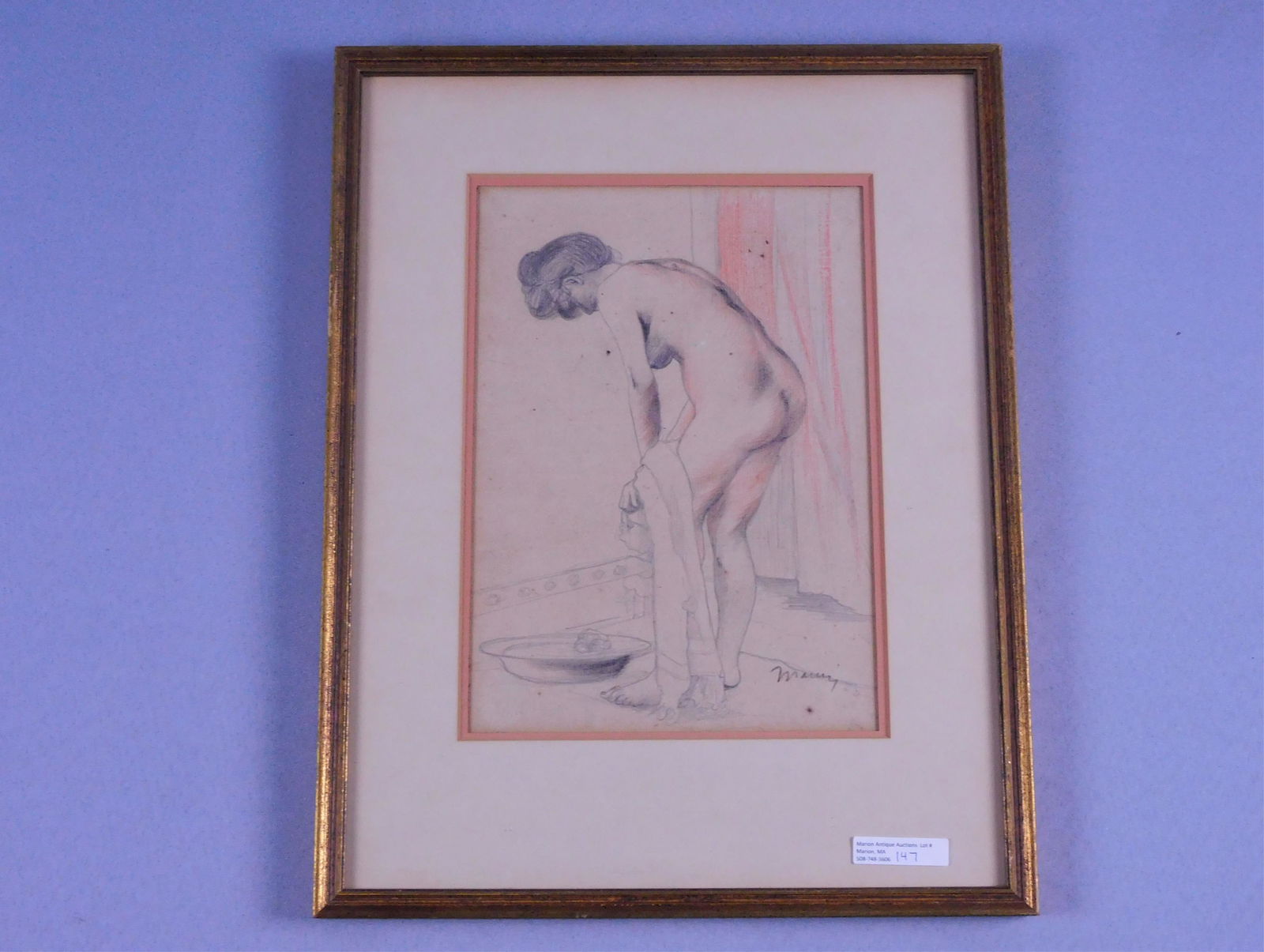 Charles Maurin (1856-1914, France) Woman in her: Toilette, mixed media drawing. Framed and glazed. Signed lower right Maurin. Sight size 10 3/4" x 7 3/4", overall 17" x 13 1/4". Minor spotting. Maurin was a graduate of Ecole des Beaux-Artes, Paris a
